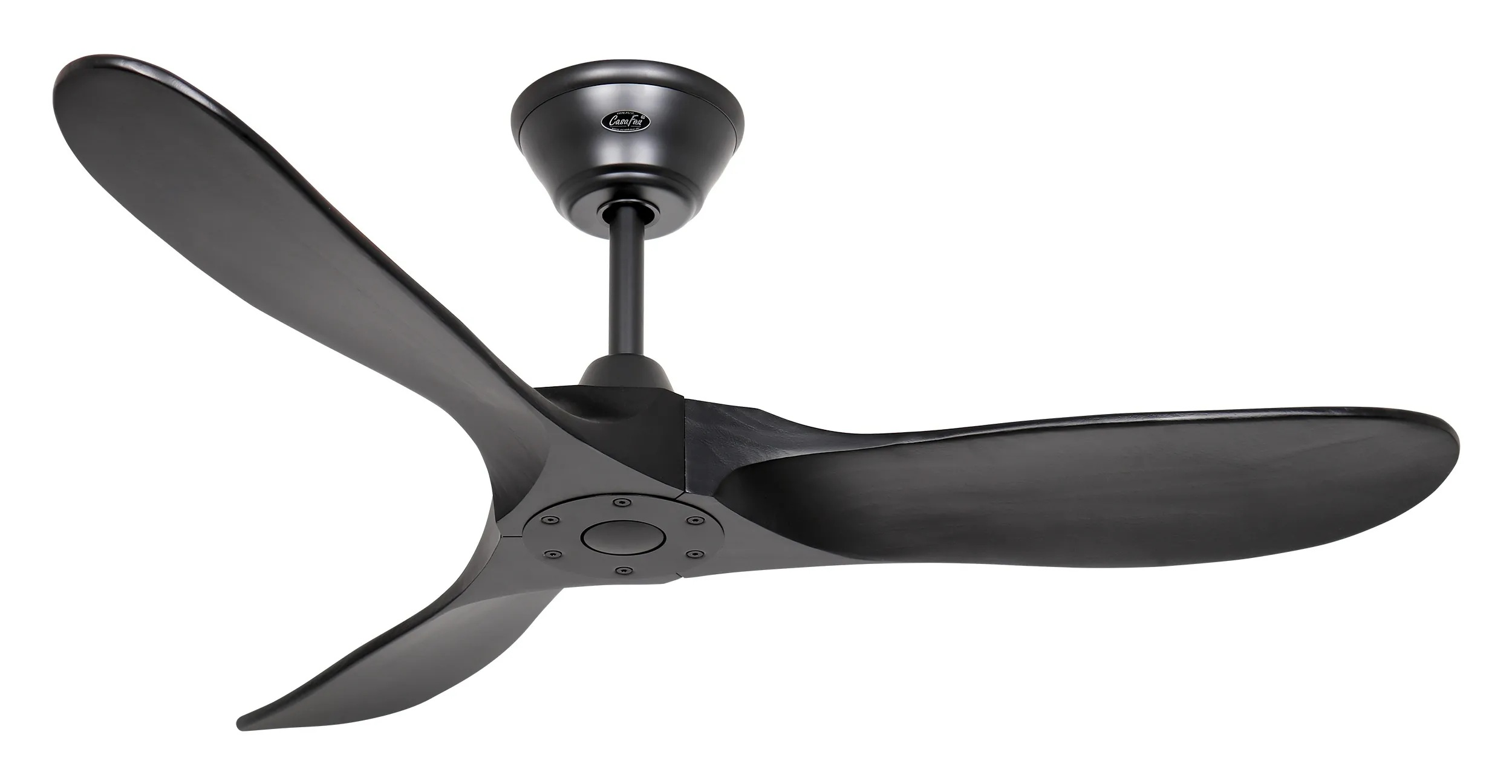 Ventilatore da soffitto nero con tre pale. Le pale e l'alloggiamento del motore sono neri.