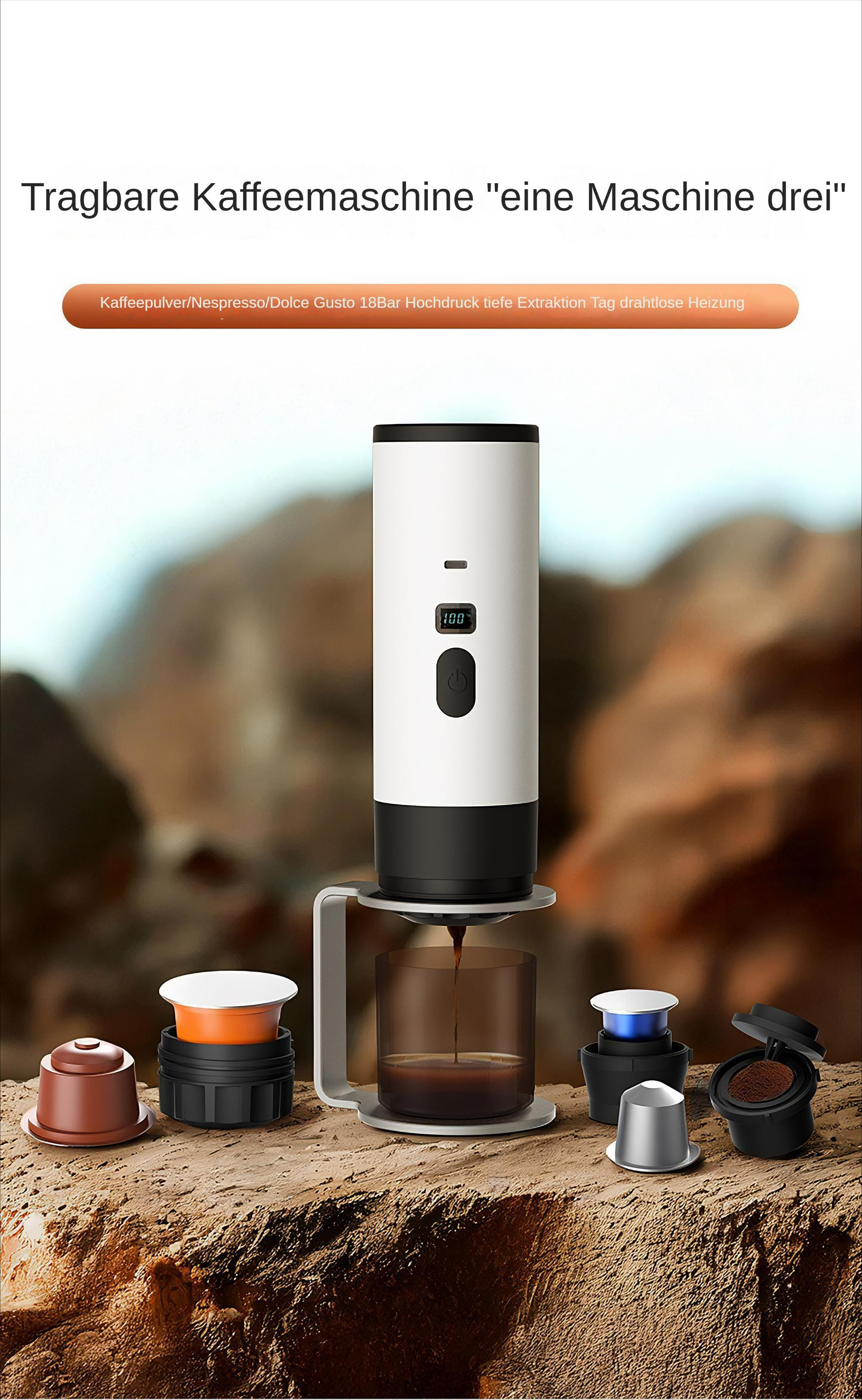 Eine schwarz-weiße Kaffeemaschine mit Kapseln auf einer Oberfläche. Text überlagert.