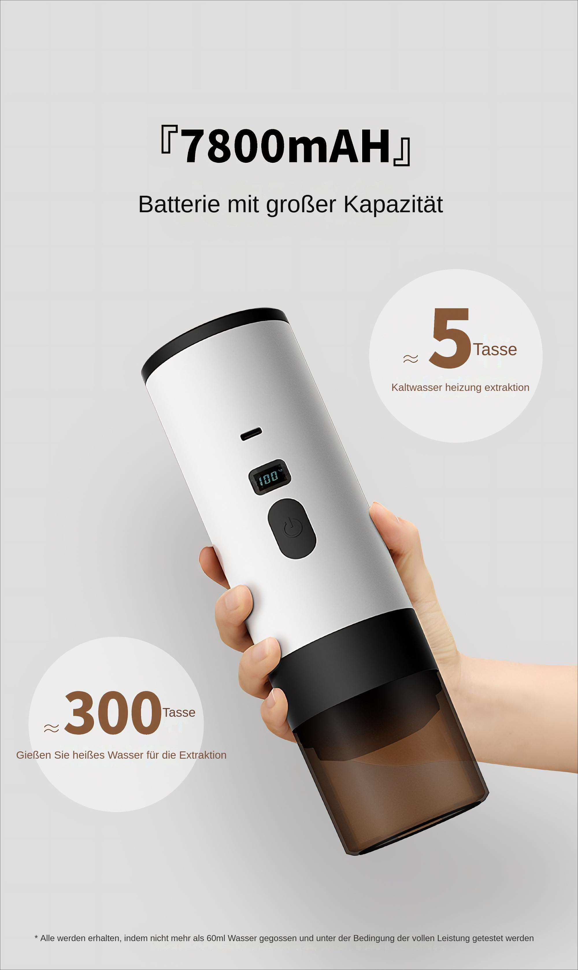 Ein tragbarer Kaffeezubereiter in Weiß und Schwarz, mit einer Anzeige von 100, einer Taste und Text, der die Batterie angibt.