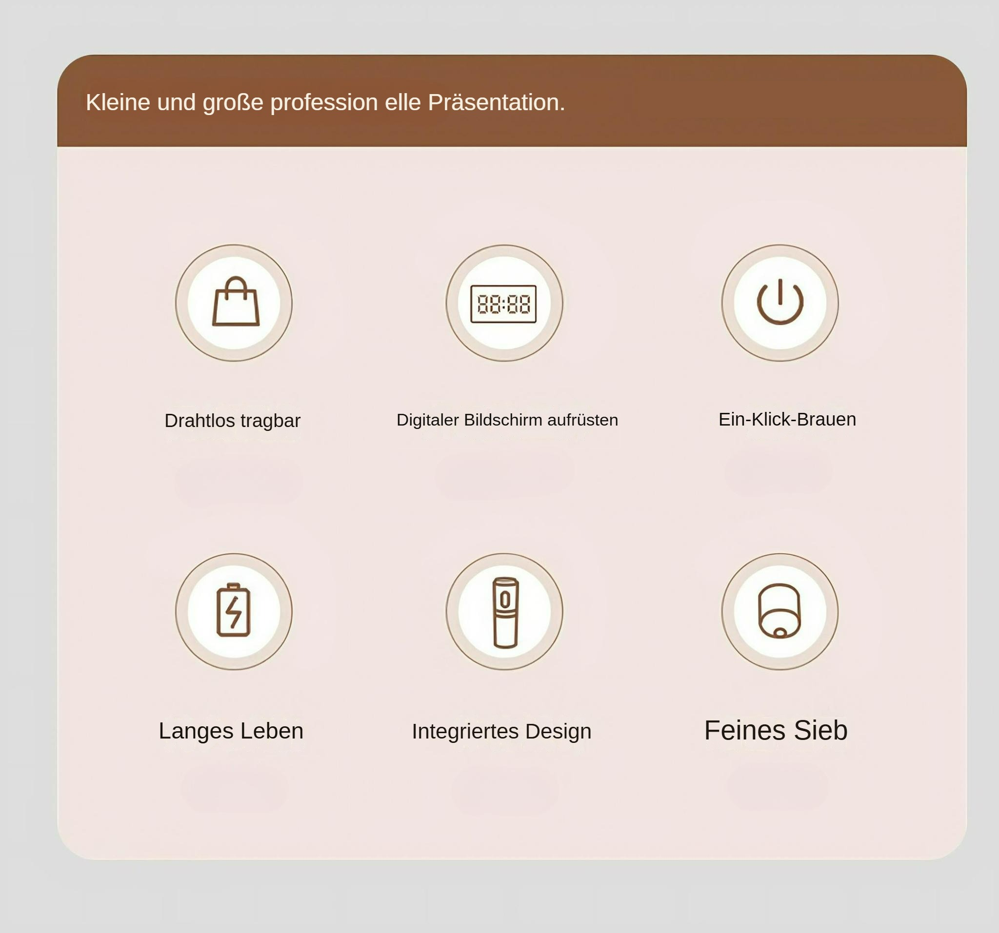 Symbole für die Funktionen des tragbaren Kaffeezubereiters: tragbar, digitaler Bildschirm, Ein-Knopf-Brühen usw.