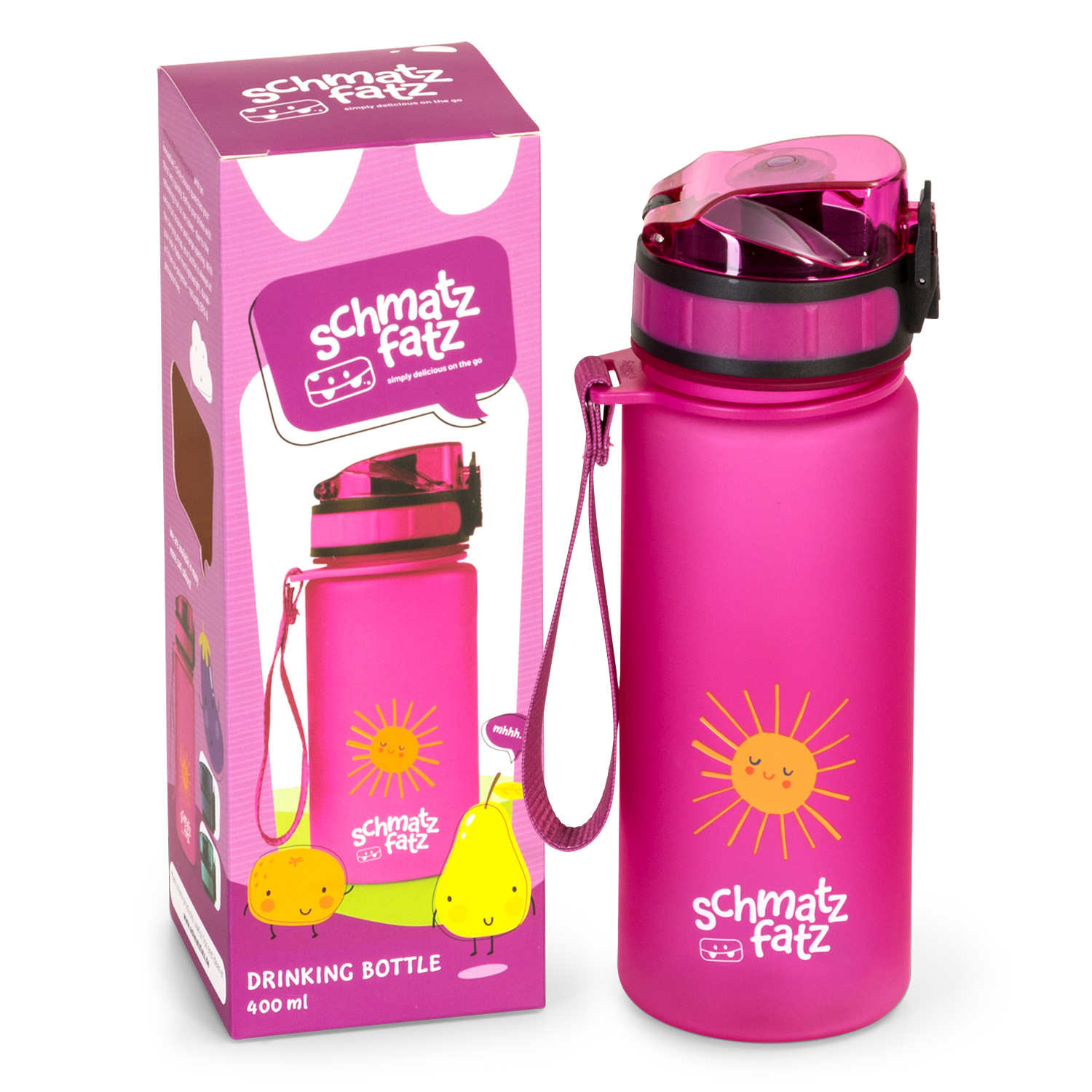 Eine rosa Wasserflasche mit Sonnengrafik und Markennamen, mit einer Schachtel. Die Flasche ist rosa mit schwarzem Deckel.