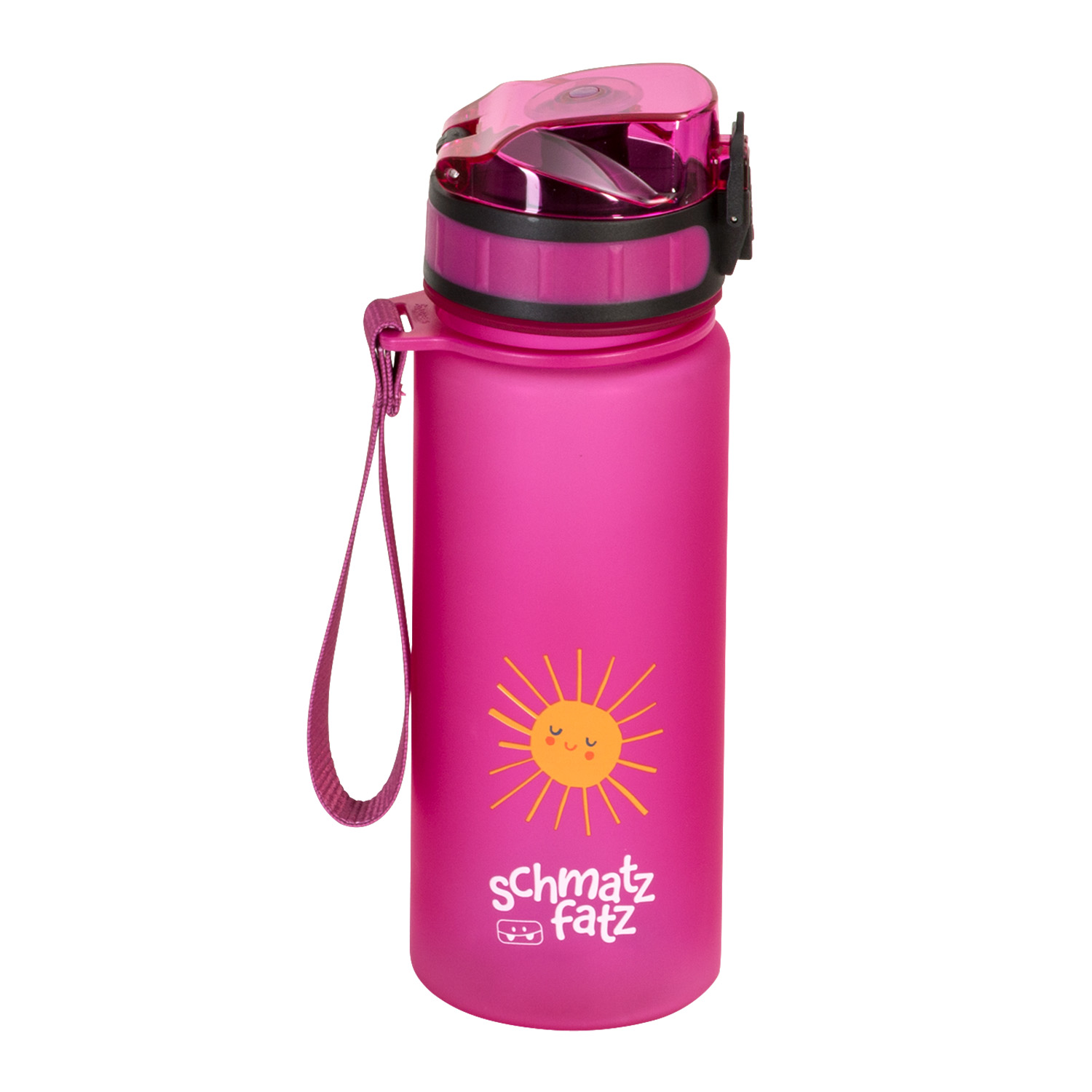 Rosa Wasserflasche mit Sonnendesign, schwarzem Deckel und pinkfarbenem Riemen.