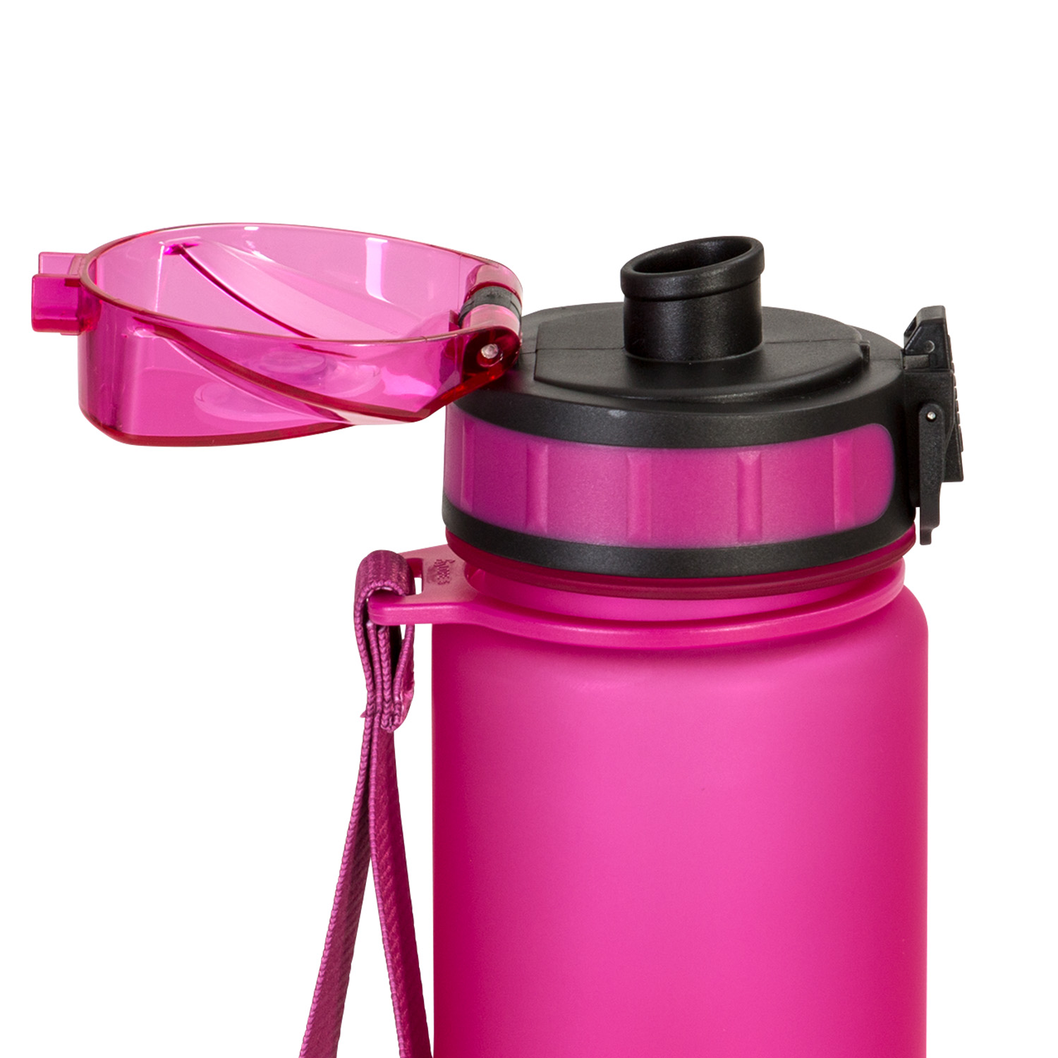 Nahaufnahme des Deckels einer rosa Wasserflasche. Der Deckel ist schwarz mit einem durchsichtigen Klappdeckel und einem rosa Riemen.