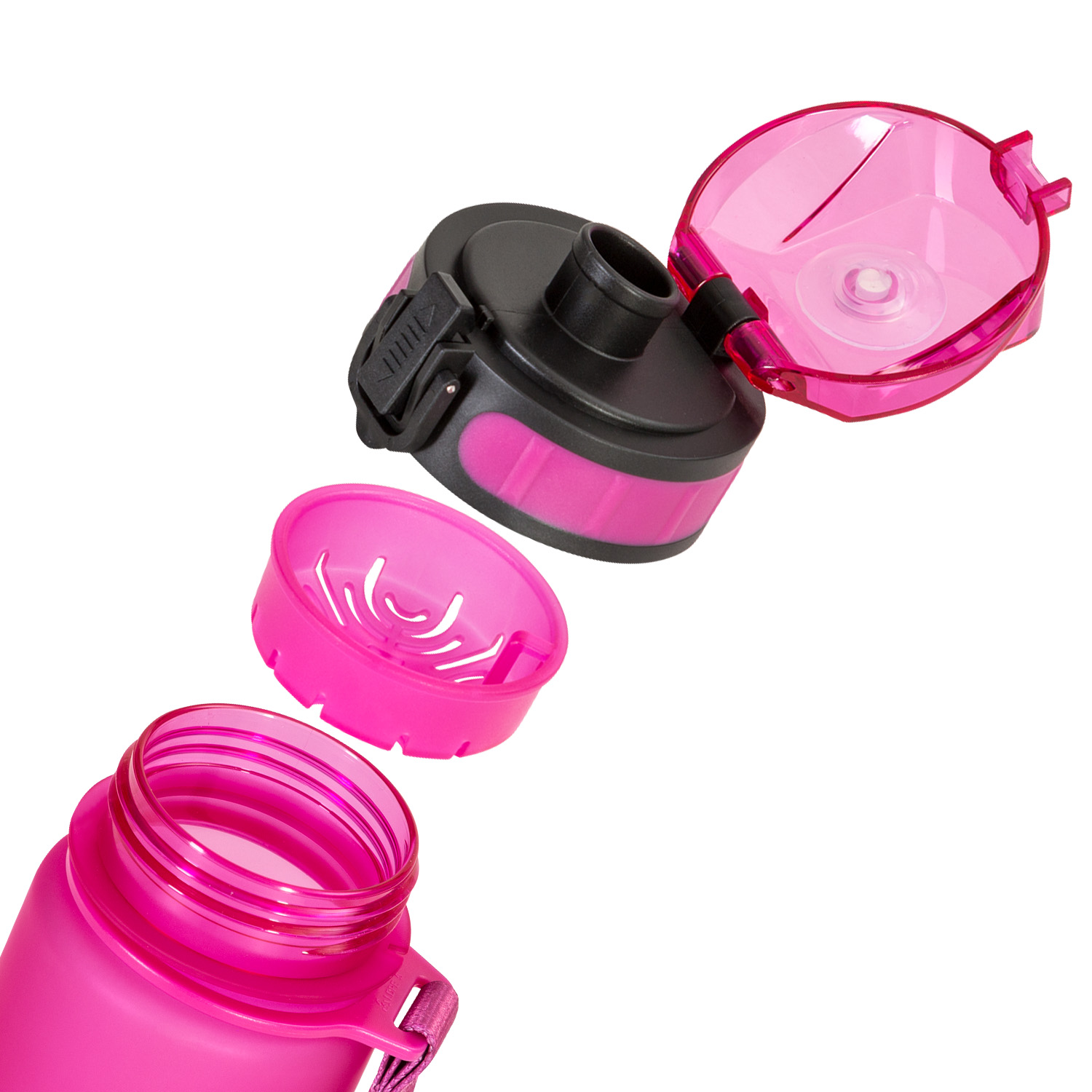 Eine rosa Wasserflasche mit ihren getrennten Teilen: Deckel, Filter und Flasche. Weißer Hintergrund.