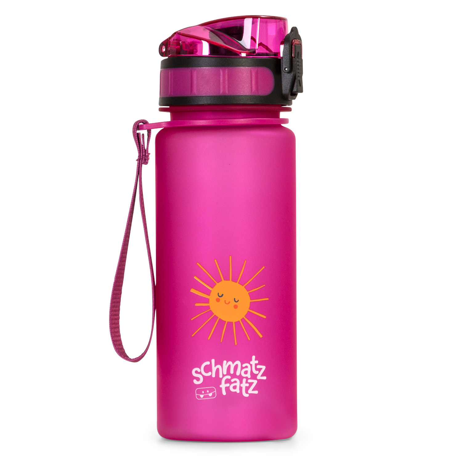 Eine rosa Wasserflasche mit einer Sonnengrafik und dem Markennamen. Sie hat einen schwarzen Deckel mit klappbarem Deckel.