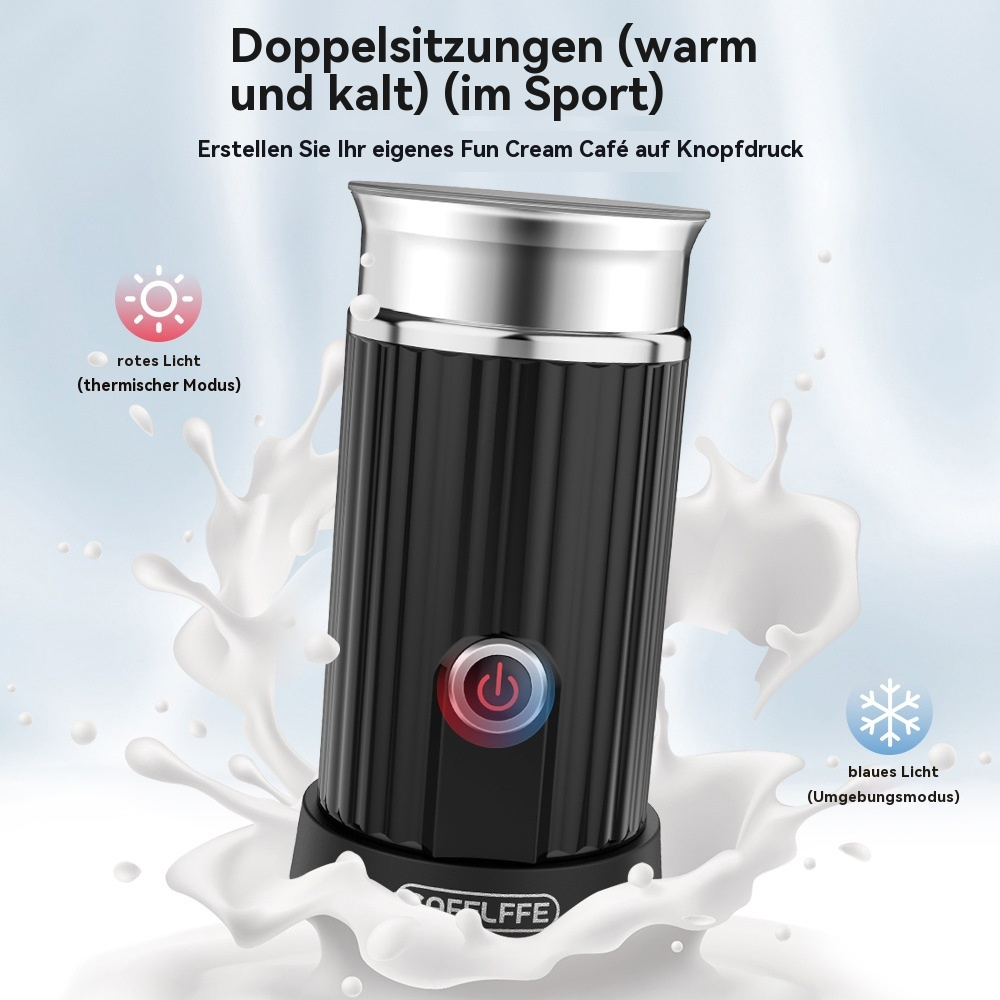 Ein schwarz-silberner Milchaufschäumer mit roten und blauen Lichtanzeigen und einem Spritzer Milch.