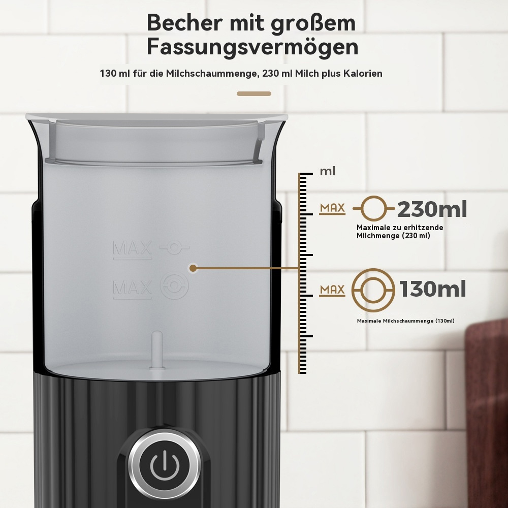 Nahaufnahme eines schwarzen Milchaufschäumerbehälters mit Text, der maximale Fülllinien für Milch und Schaum zeigt.