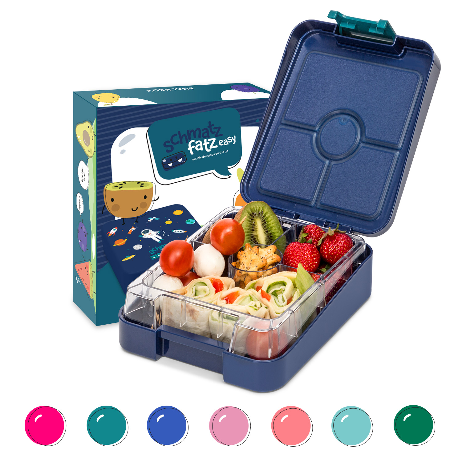 Eine Lunchbox ist geöffnet und zeigt eine Vielzahl von Lebensmitteln. Eine Box und farbige Kreise sind im Hintergrund.