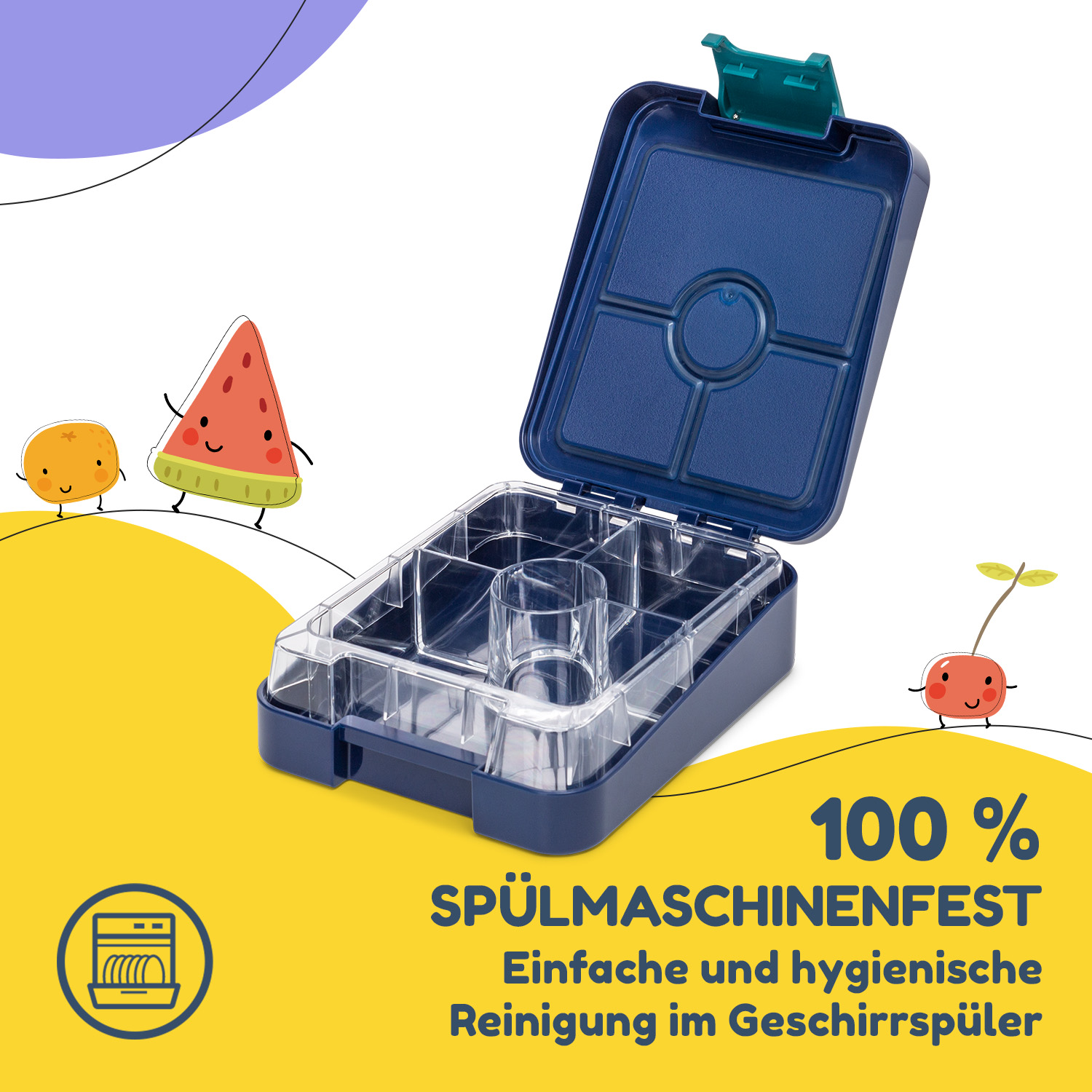 Blaue Brotdose, geöffnet, mit Früchten und Text. Sie wirbt für spülmaschinenfestes, leichtes Reinigen in der Spülmaschine.
