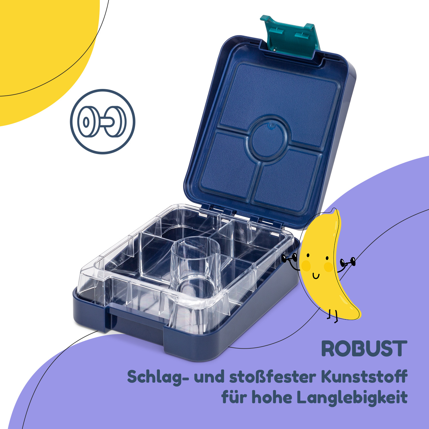 Blaue Brotdose offen mit Bananenfigur und Text, der die robuste, langlebige Konstruktion der Brotdose bewirbt.