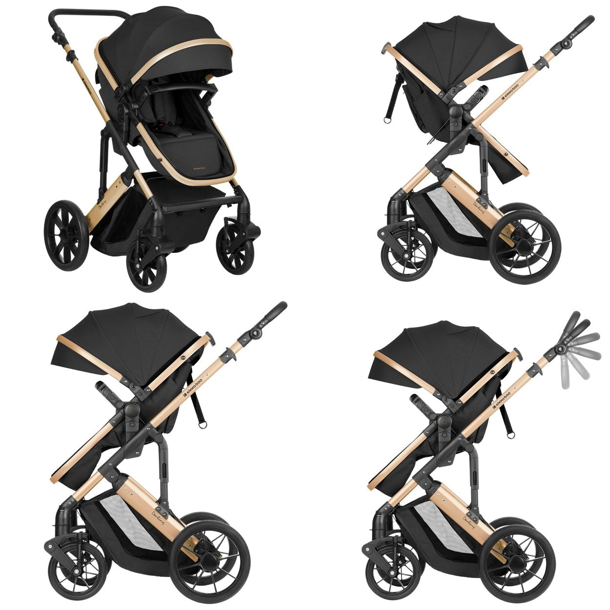 Vier Ansichten eines schwarz-goldenen Kinderwagens mit verschiedenen Griff- und Sitzkonfigurationen.