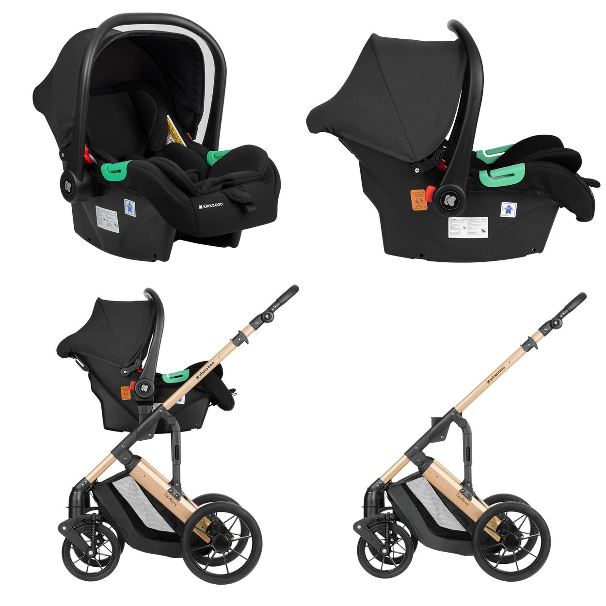 Vier Ansichten eines schwarzen Autositzes und Kinderwagens. Beinhaltet Autositz- und Kinderwagenkonfigurationen.