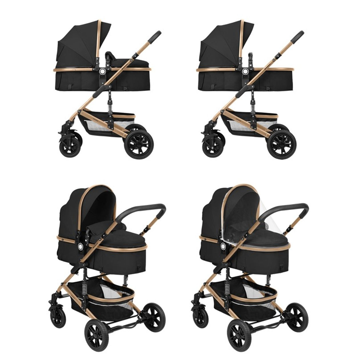 Vier schwarze Kinderwagen mit goldenen Rahmen auf weißem Hintergrund, die verschiedene Konfigurationen zeigen.