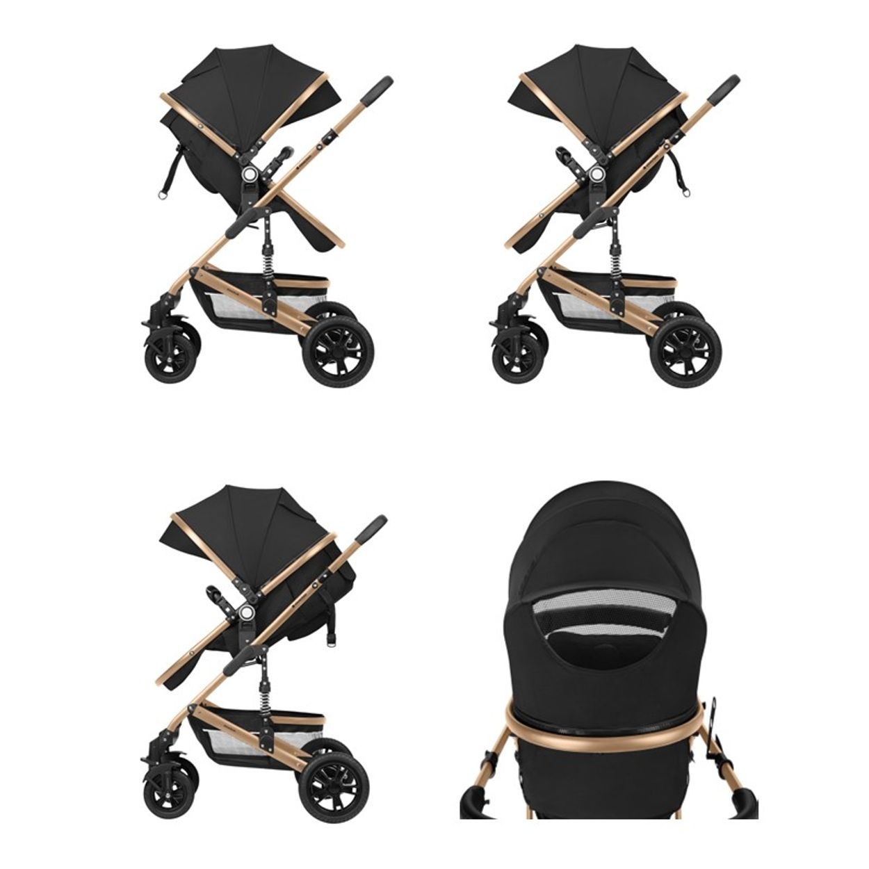 Vier Bilder eines schwarz-goldenen Kinderwagens, die verschiedene Winkel vor weißem Hintergrund zeigen.