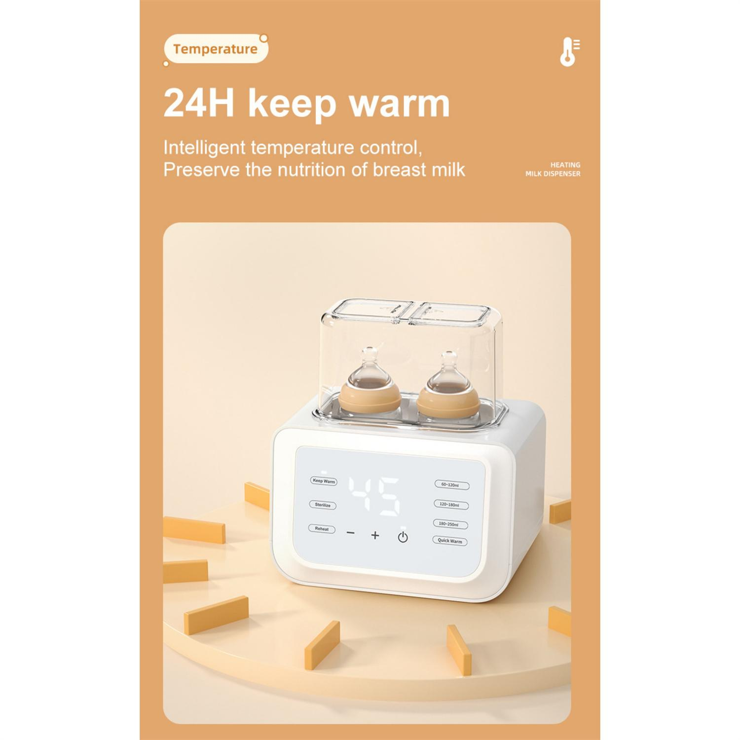 Ein weißer und oranger Milchwärmer mit zwei Flaschen. Ein digitales Display zeigt die Temperatur.