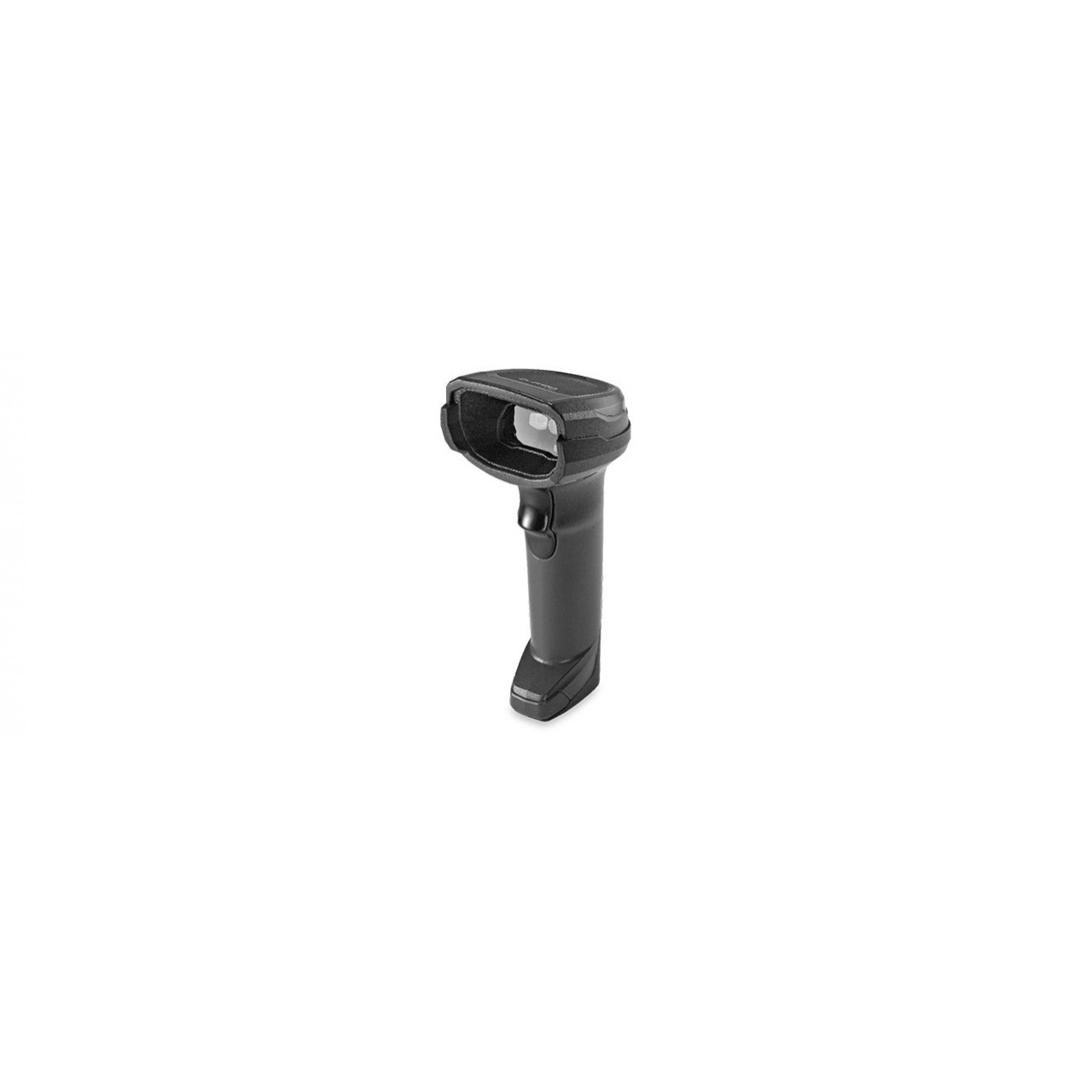 Ein schwarzer Barcode-Scanner auf weißem Hintergrund, mit Auslöser und Scanfenster sichtbar.