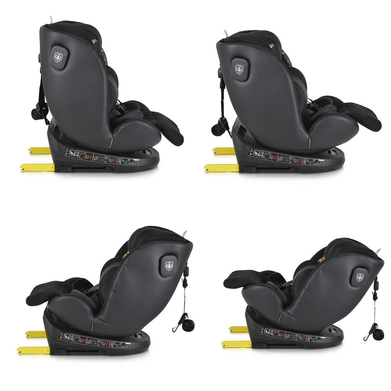 Vier Bilder eines schwarzen Autositzes, die verschiedene Winkel zeigen. Der Sitz hat eine schwarze Schale und einen gelben Sockel.