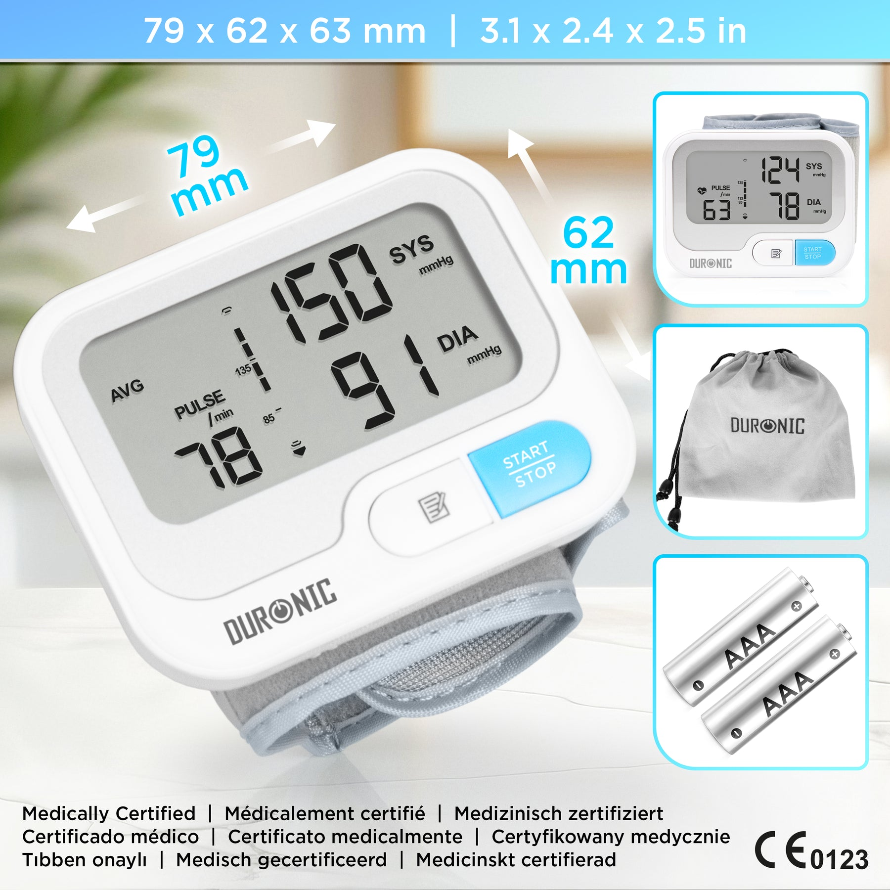 Blutdruckmessgerät zeigt Messwerte an. Enthält Manschette, Display, Beutel und Batterien. Produktabmessungen und -merkmale werden angezeigt.