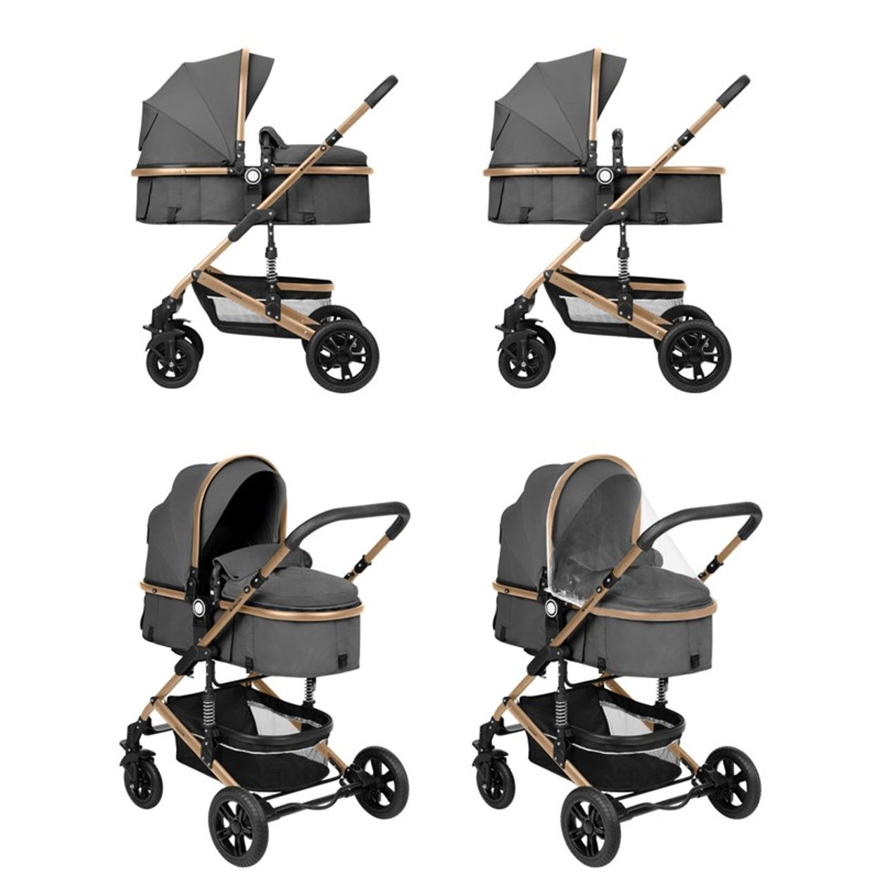 Vier Kinderwagen in verschiedenen Konfigurationen, alle mit goldenem Rahmen und grauem Stoff.