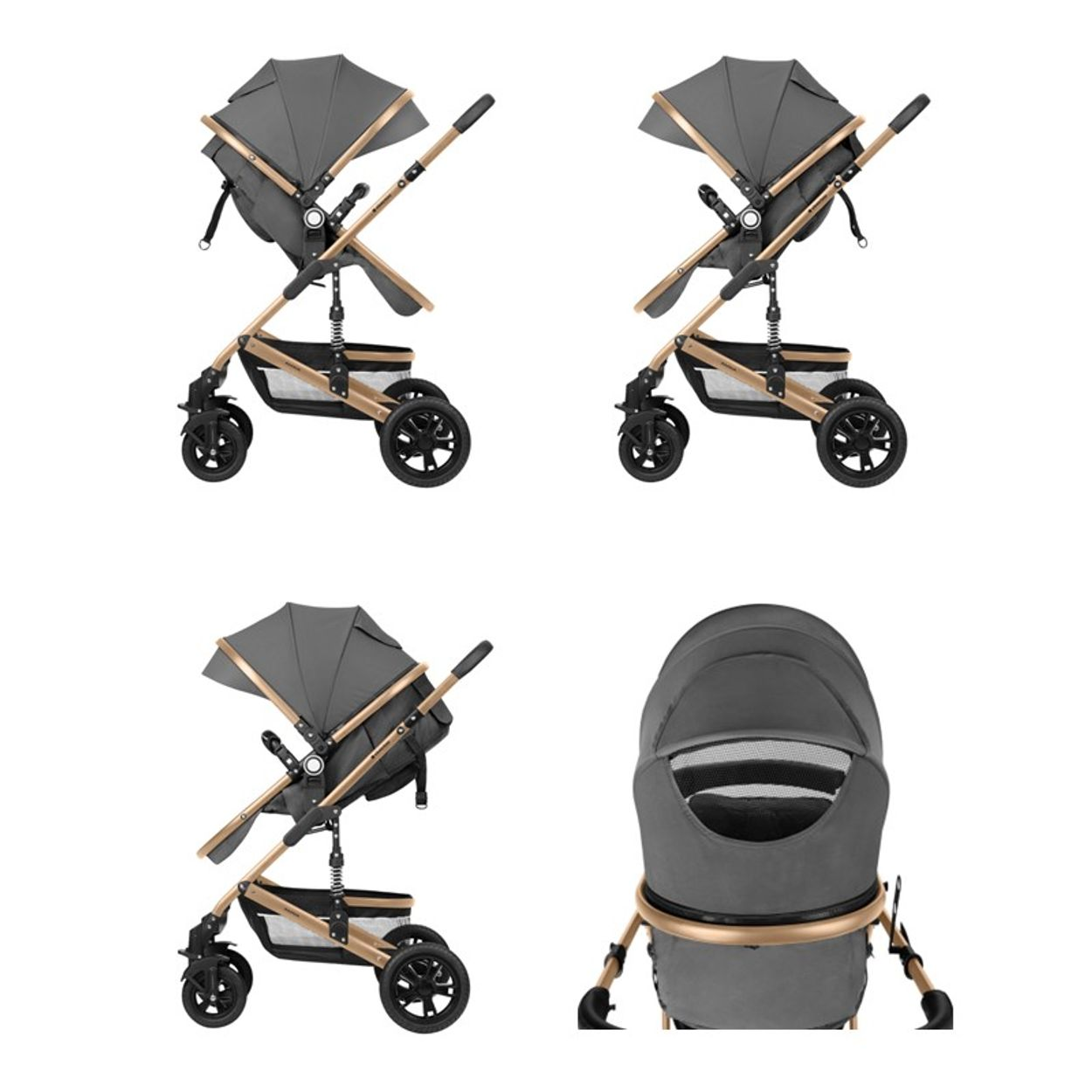 Vier Ansichten eines grauen und goldenen Kinderwagens, die sein Design zeigen.