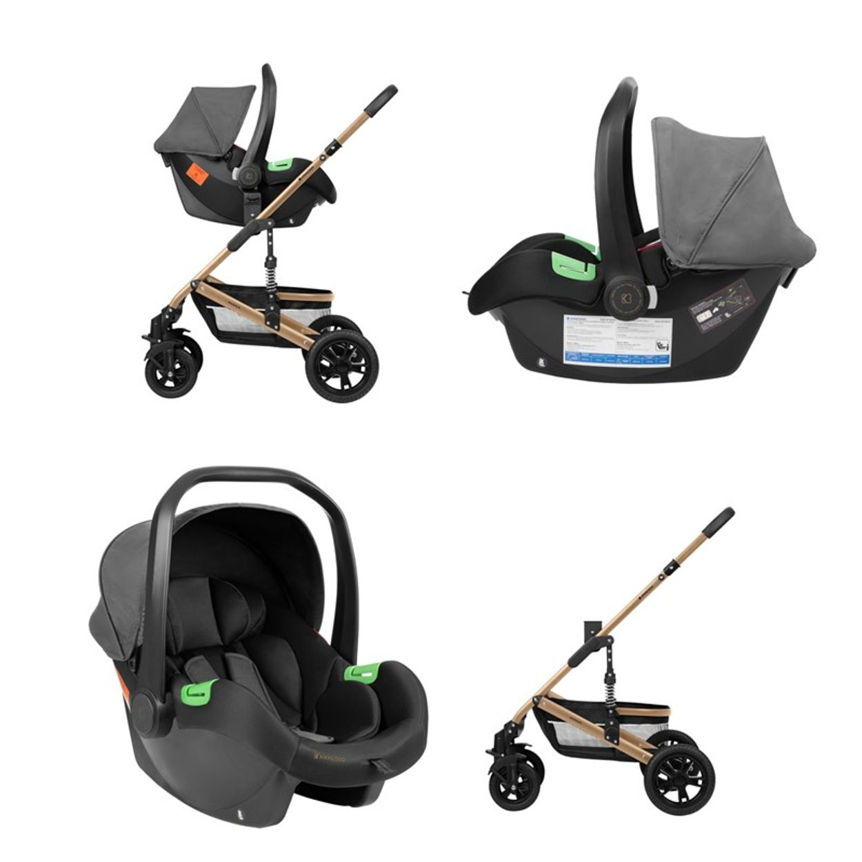 Vier Bilder eines Kinderwagen- und Autositzsystems. Enthält den Kinderwagenrahmen mit Autositz und Autositze separat.