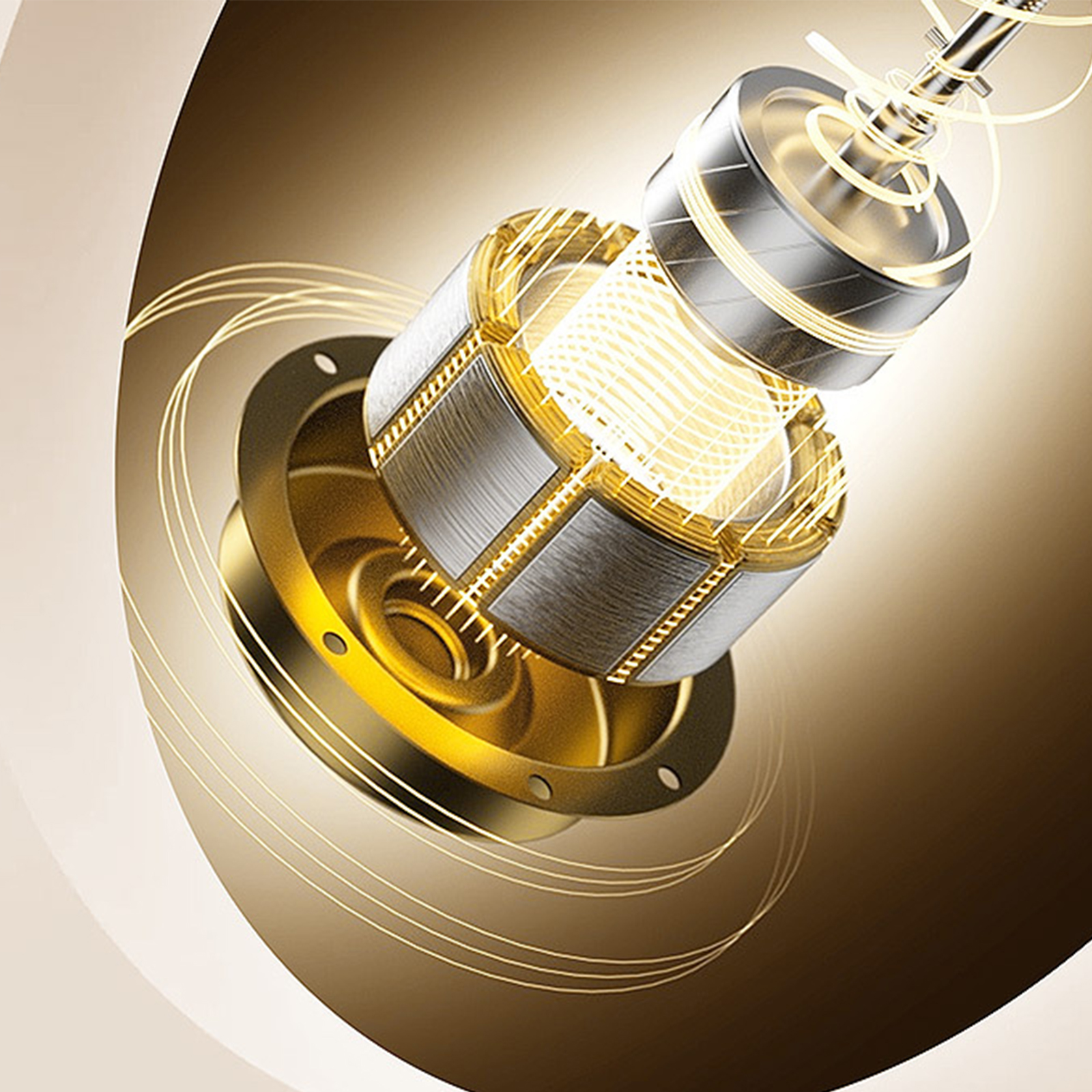 Nahaufnahme einer mechanischen Komponente, die einen Gold- und Silbermotor mit interner Verkabelung zeigt.