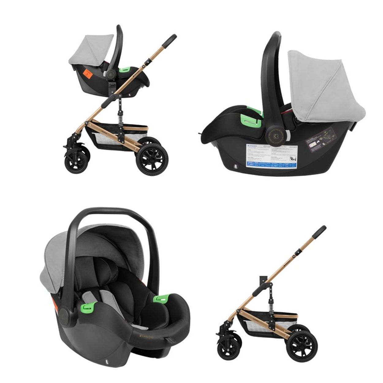 Vier Ansichten eines Kinderwagens mit Autositz, mit grauem und schwarzem Farbschema.