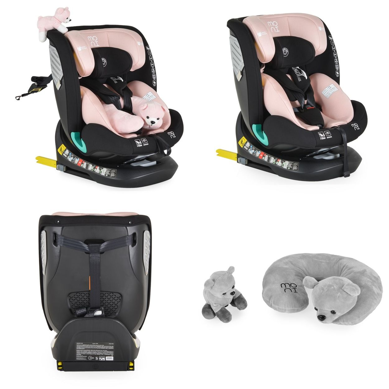 Mehrere Ansichten eines rosa-schwarzen Babysitzes mit bärenförmigen Spielzeugen und Nackenkissen.