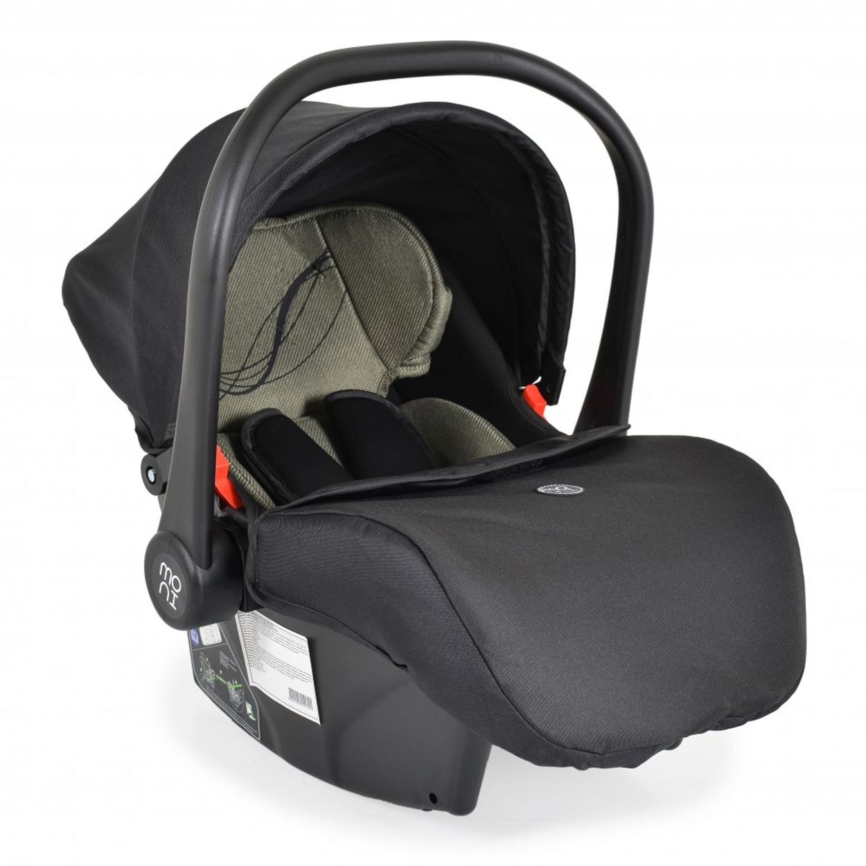 Schwarzer Babysitz mit Griff und schwarzer Abdeckung.