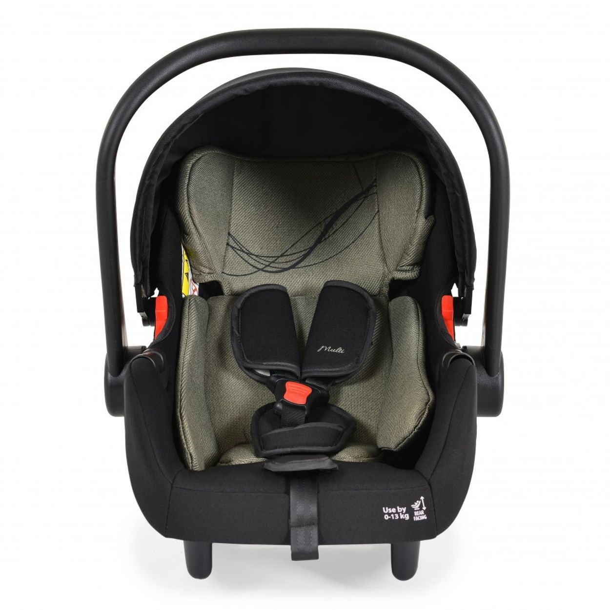 Schwarzer Babysitz mit Griff, grüner Innenausstattung und rotem Sicherheitsknopf.