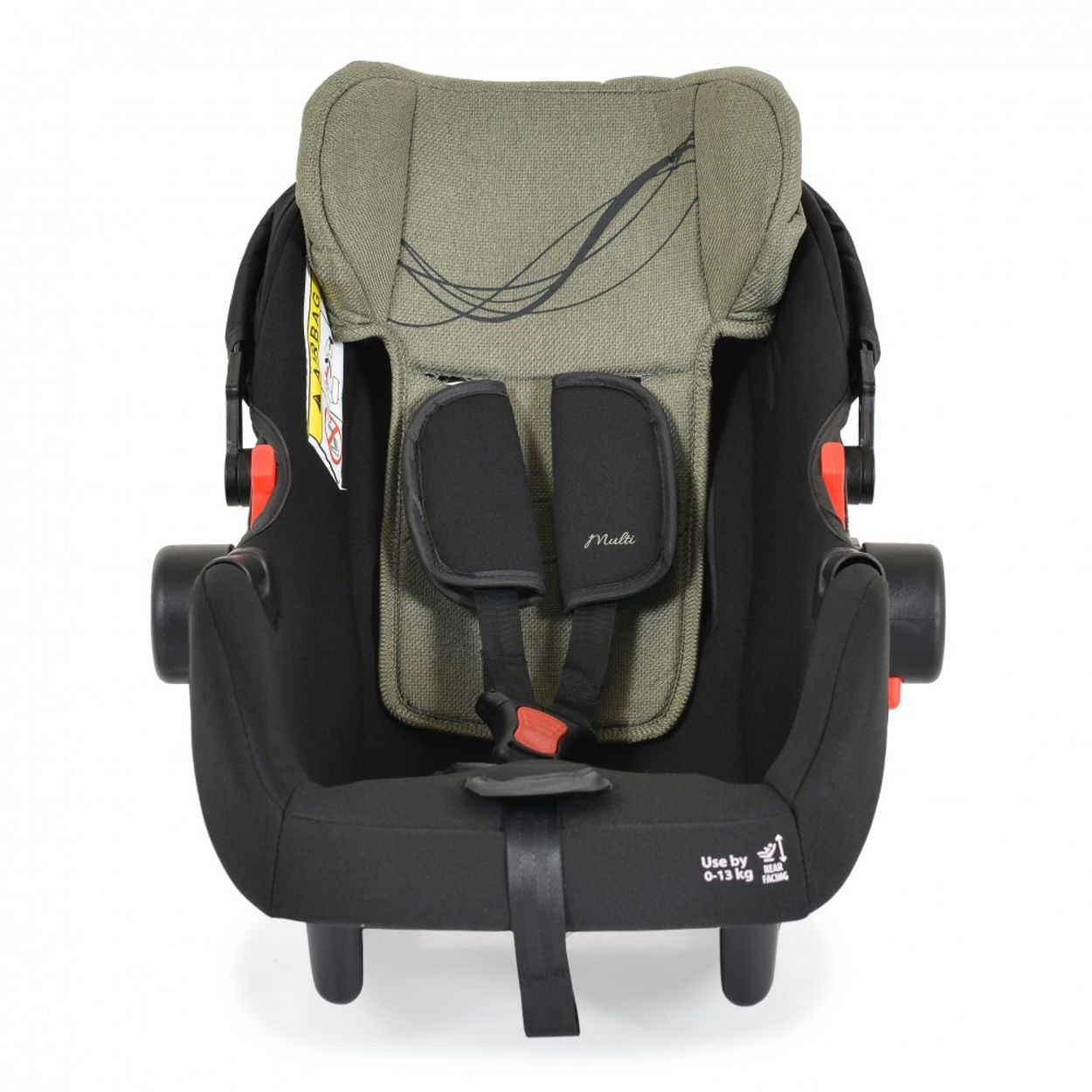 Schwarzer Babysitz mit Griff, grüner Kopfstütze und rotem Sicherheitsknopf.