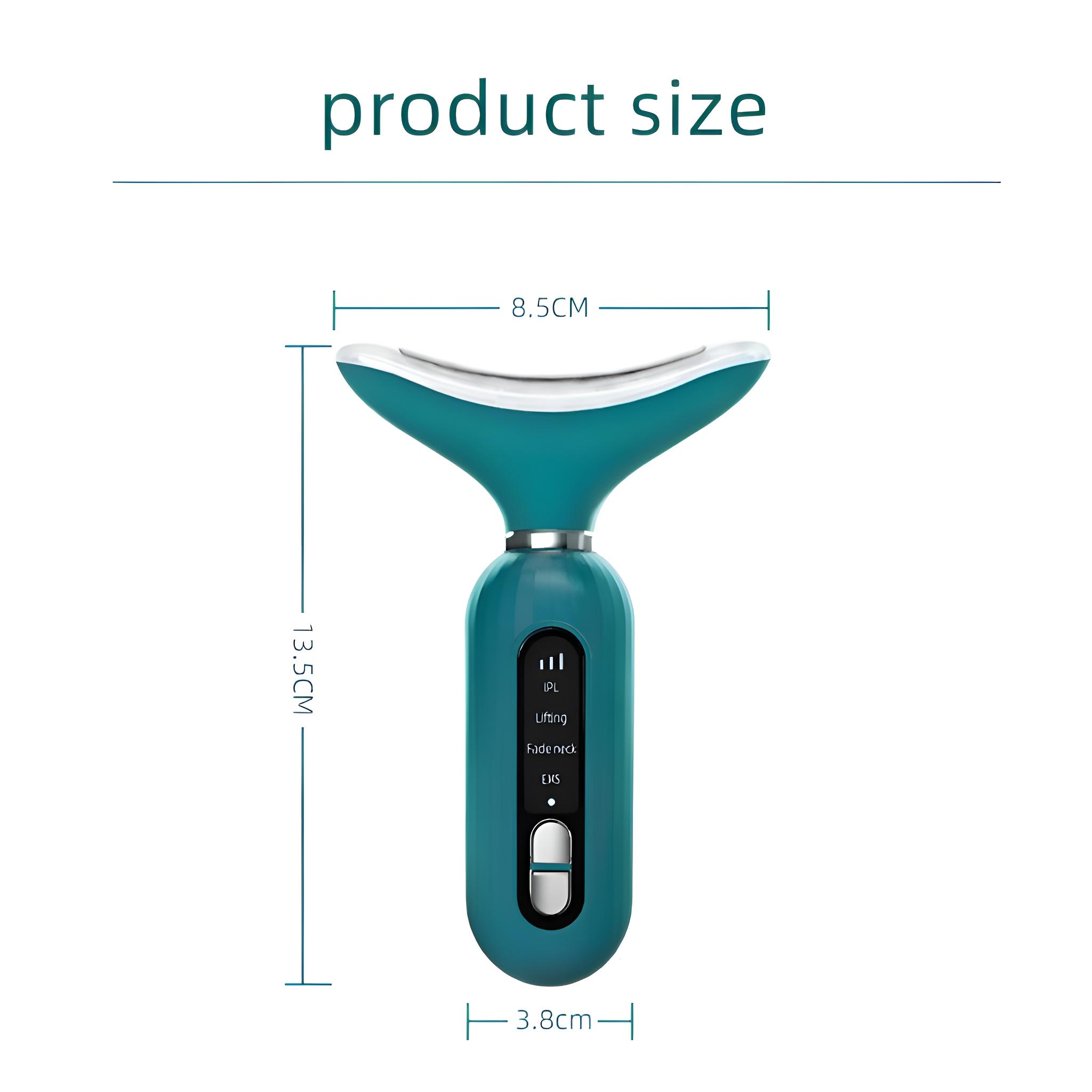 Türkisfarbener Nackenmassagegerät mit Größenangaben. Der Massager ist 13,5 cm hoch und am Kopf 8,5 cm breit.