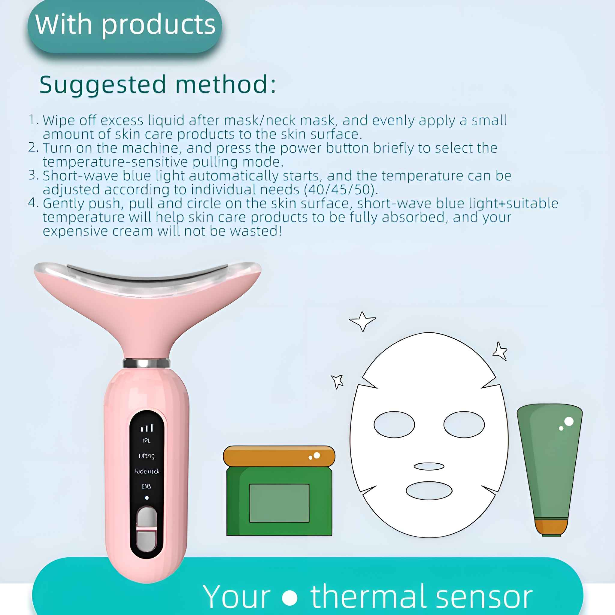 Ein rosa Wärme-Sensor-Nacken-Schönheitsgerät mit Gesichtsmaske und Creme, und Text, der seine Verwendung erklärt.