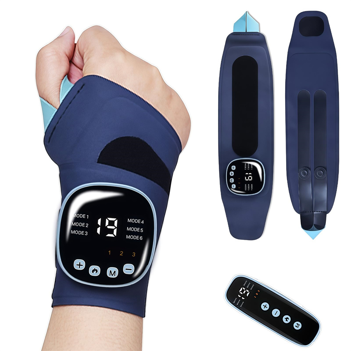 Handgelenkmassagegerät und Zubehör. Enthält ein Armband mit Display, andere Massagegeräte und eine Fernbedienung.