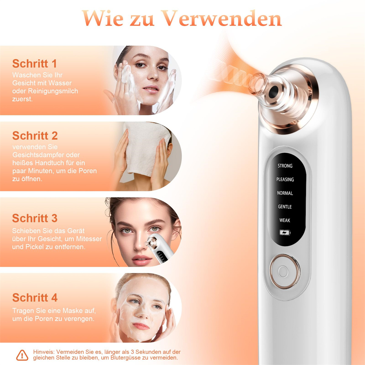 Schritte zur Verwendung eines Hautpflegegeräts. Zeigt eine Frau beim Waschen des Gesichts, Bedampfen, Verwenden des Geräts und Auftragen einer Maske.