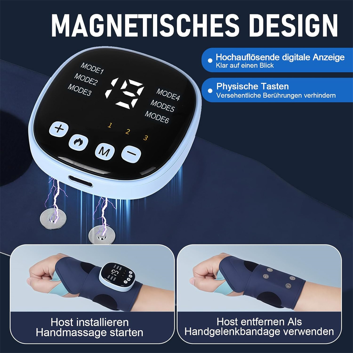 Magnetisches Handgelenkmassagegerät. Zeigt Nahaufnahmen des Displays des Geräts und des Armbands mit einem magnetischen Befestigungssystem.