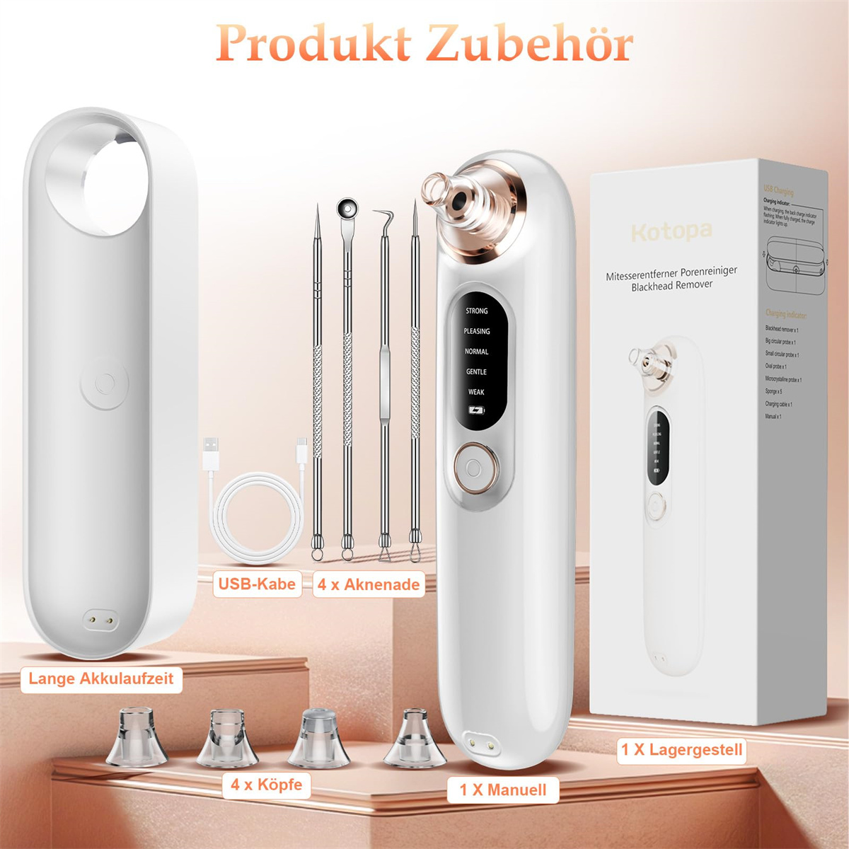 Hautpflegegerät und Zubehör. Enthält Gerät, Ladekabel, verschiedene Aufsätze und eine Aufbewahrungsbox.
