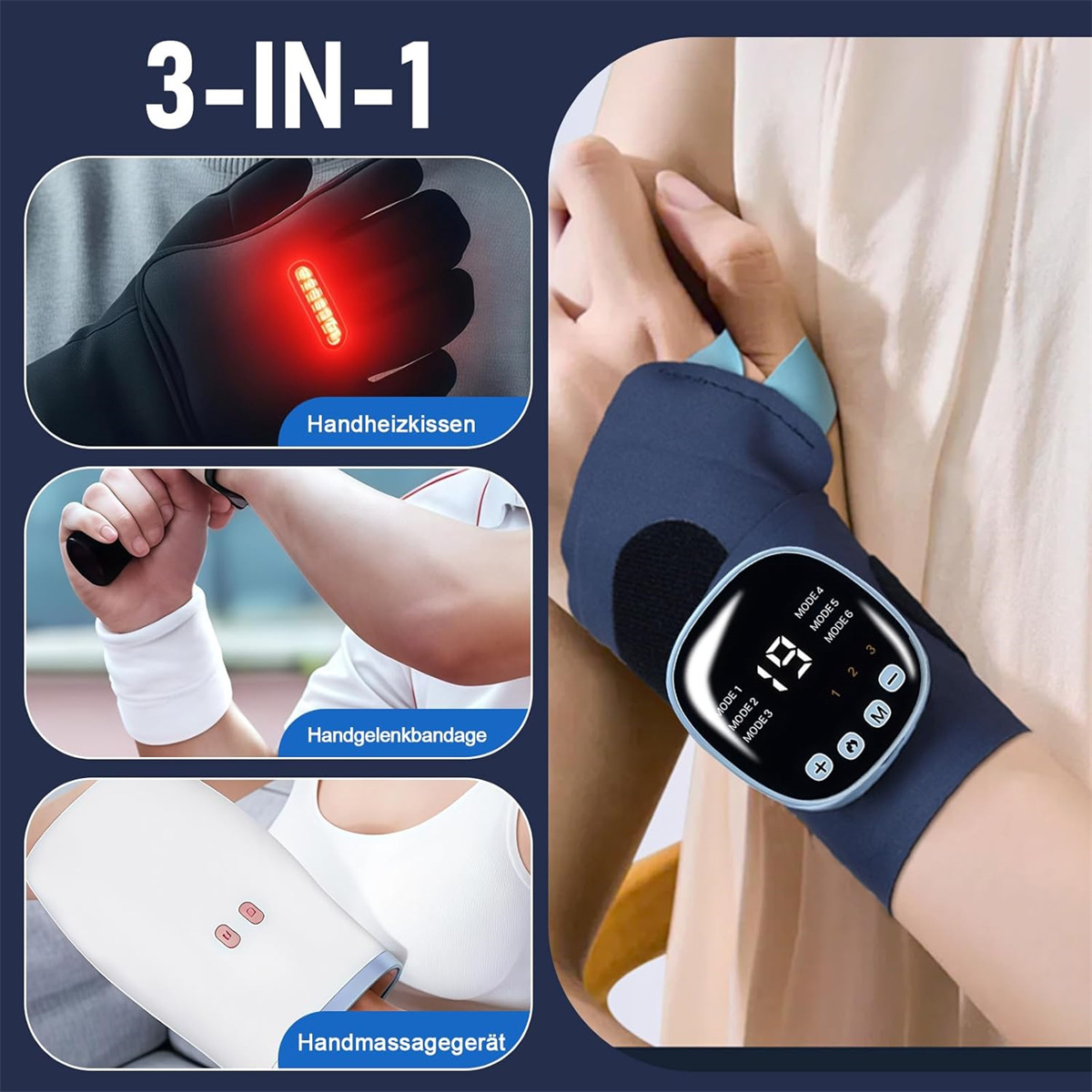3-in-1 Handgelenkmassagegerät. Enthält ein beheiztes Handkissen, ein Armband und ein weiteres Handmassagegerät.