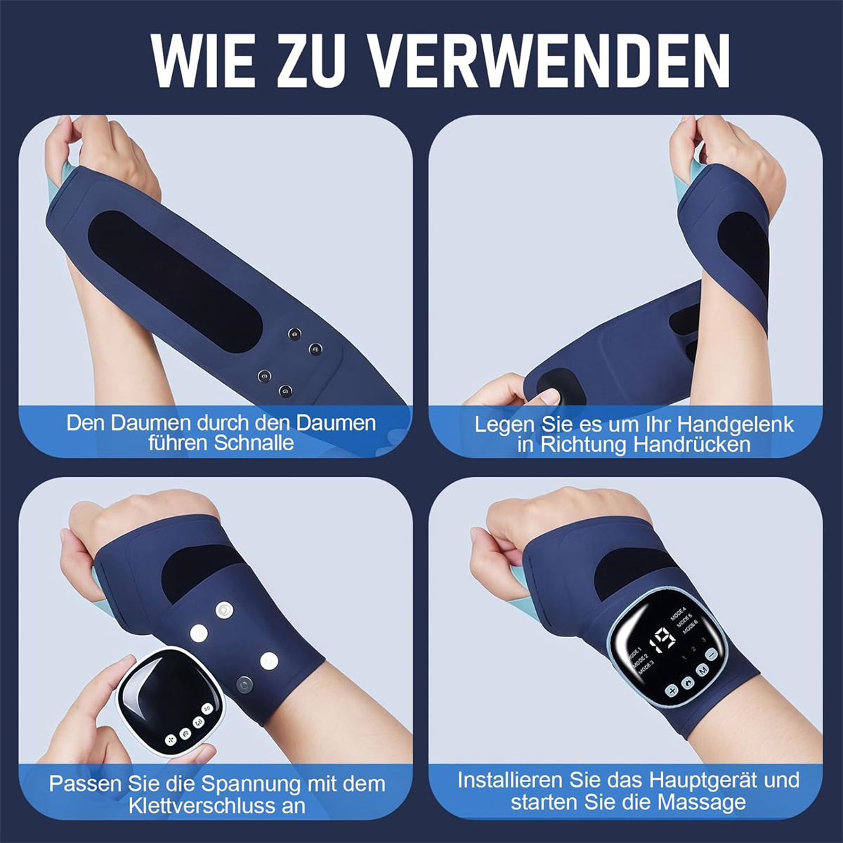 Vier Bilder zeigen Schritte zur Verwendung eines blauen Armbands mit Bedienfeld zur Massage.