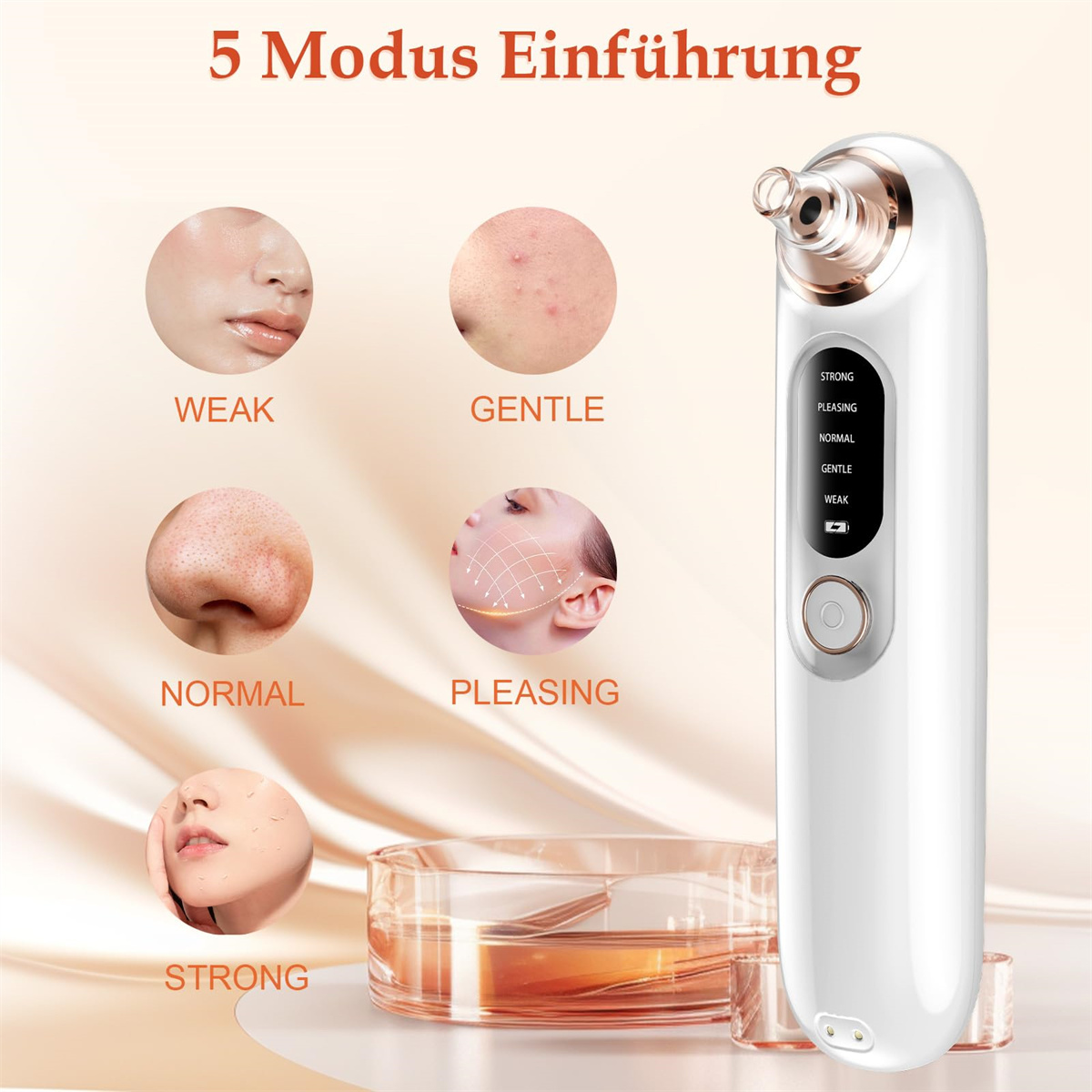 Weißer Porenreiniger mit fünf Modi, zeigt verschiedene Hautzustände und die Spitze des Geräts.