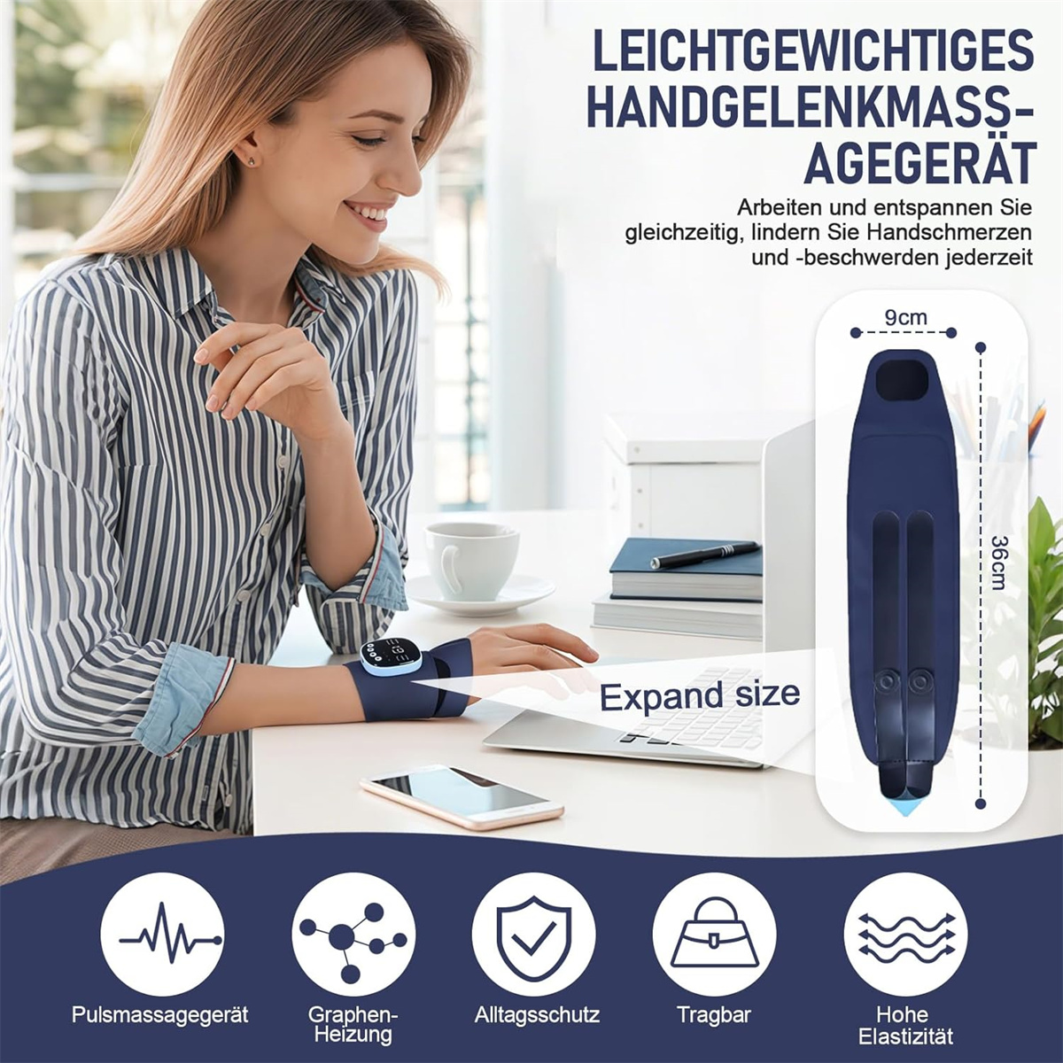 Frau mit Handgelenkmassagegerät, Telefon und Produktdetails sowie Abmessungen im Hintergrund.