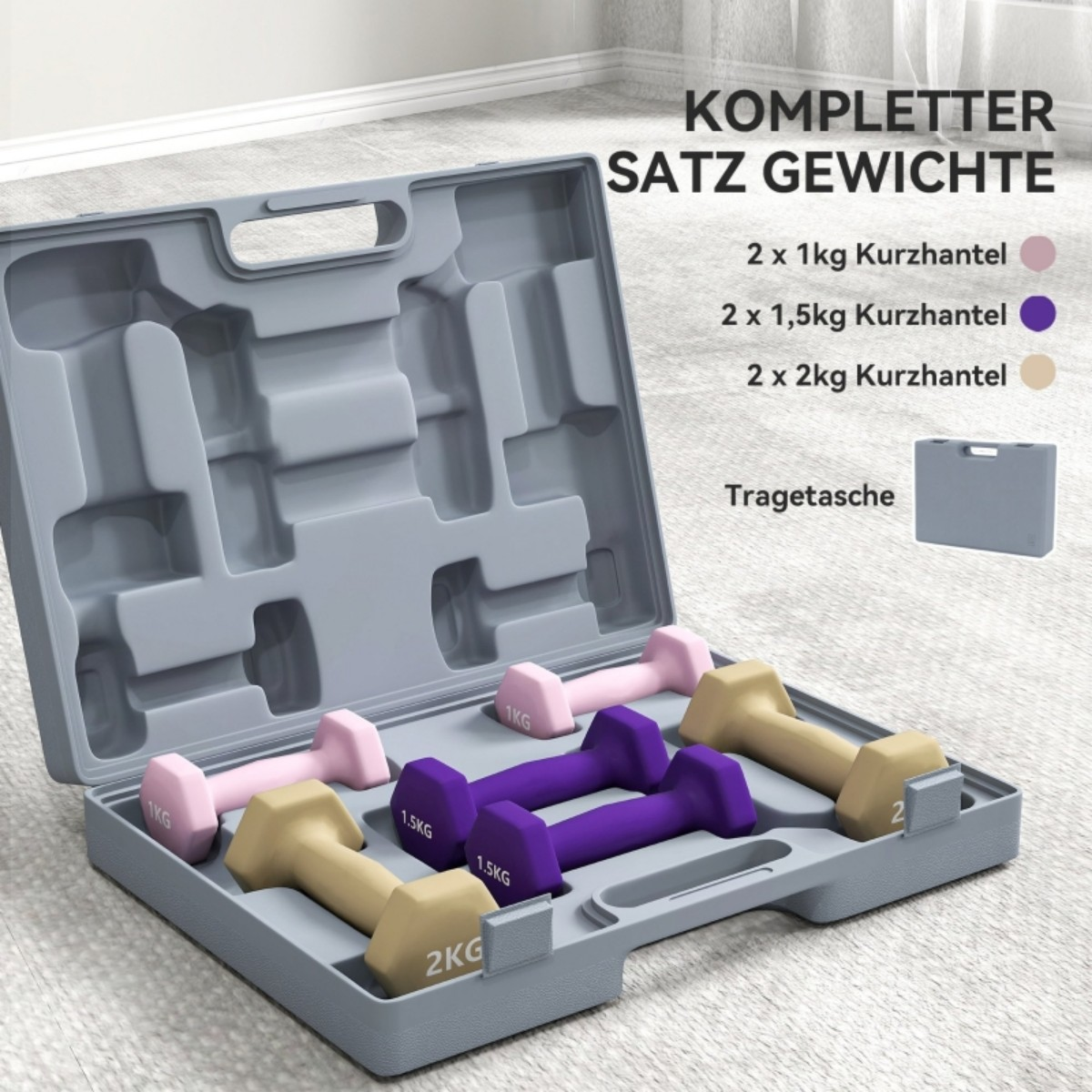 Ein grauer Koffer enthält Kurzhanteln in verschiedenen Gewichten in Rosa, Lila und Gold.