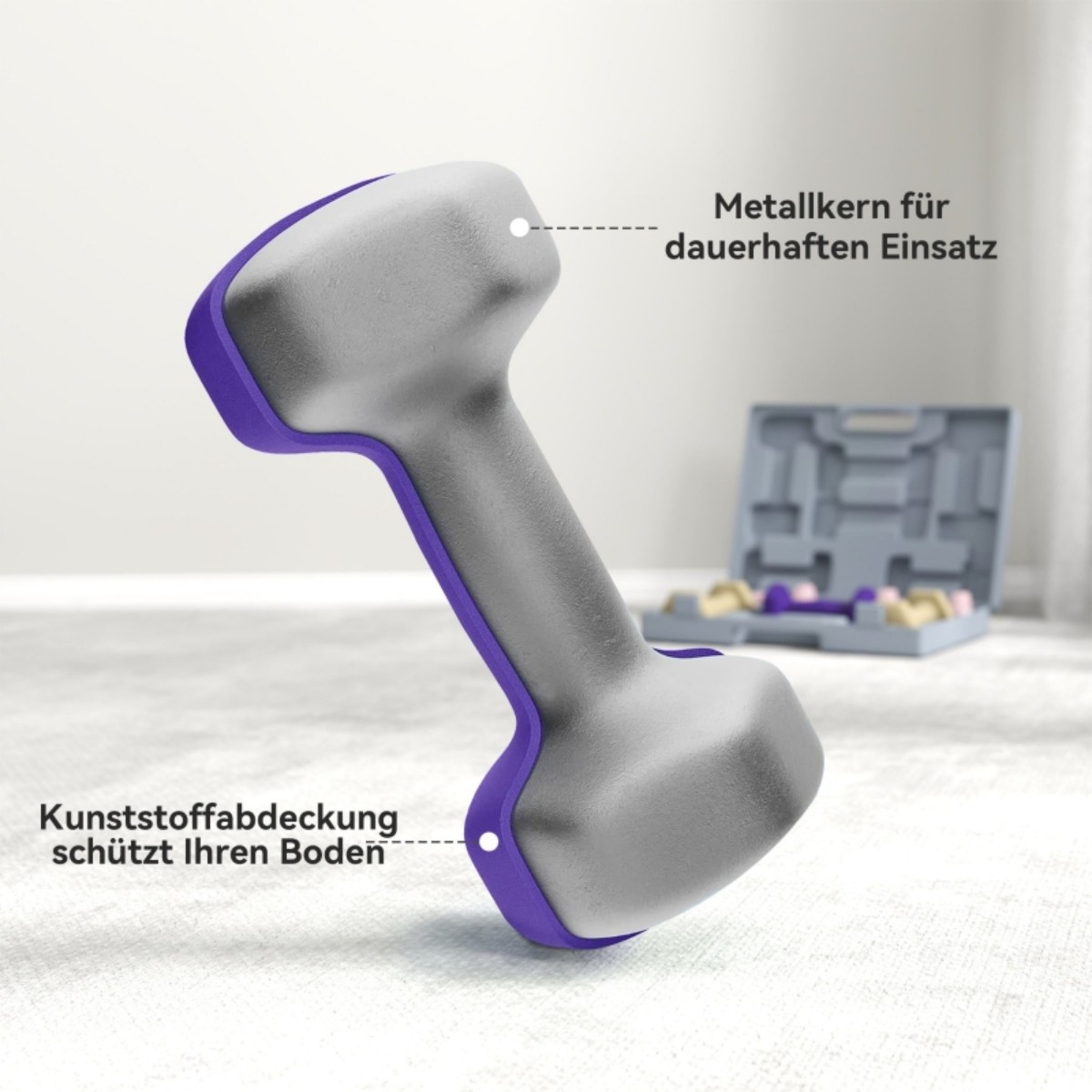 Nahaufnahme einer Kurzhantel. Sie hat einen Metallkern und eine lila Kunststoffabdeckung.