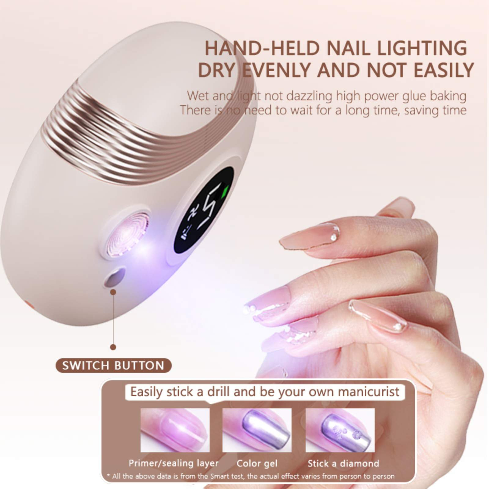 Die Hand einer Frau, die einen Nageltrockner benutzt. Der Trockner hat einen Schalter und ein digitales Display.