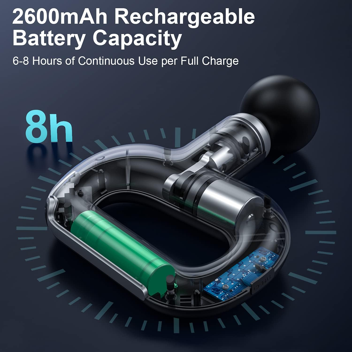Eine schwarze Massagepistole geöffnet, die Batterie und interne Komponenten anzeigt. Blauer Hintergrund.