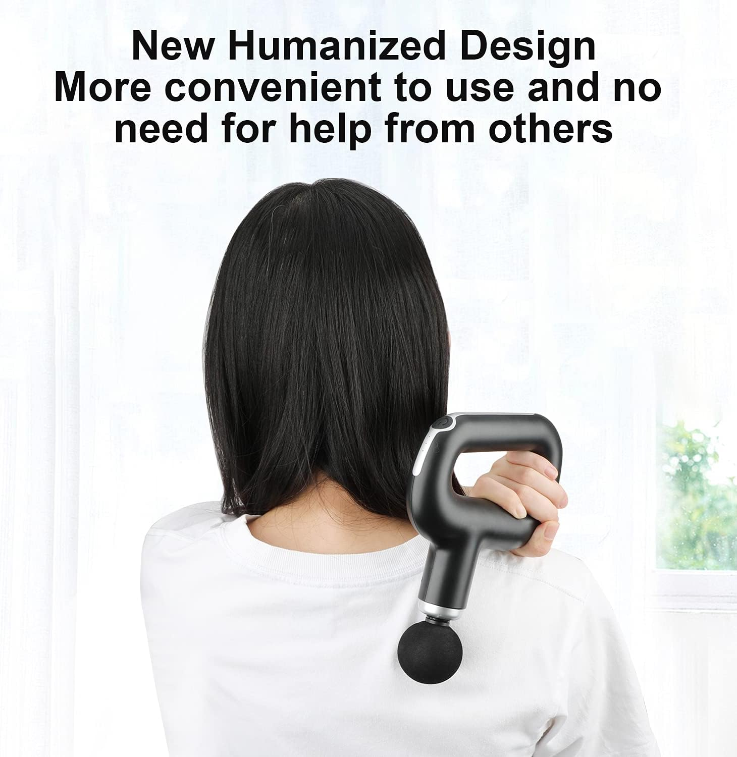 Der Rücken einer Frau mit einer schwarzen Massagepistole. Der Text oben lautet: „Neues humanisiertes Design“.