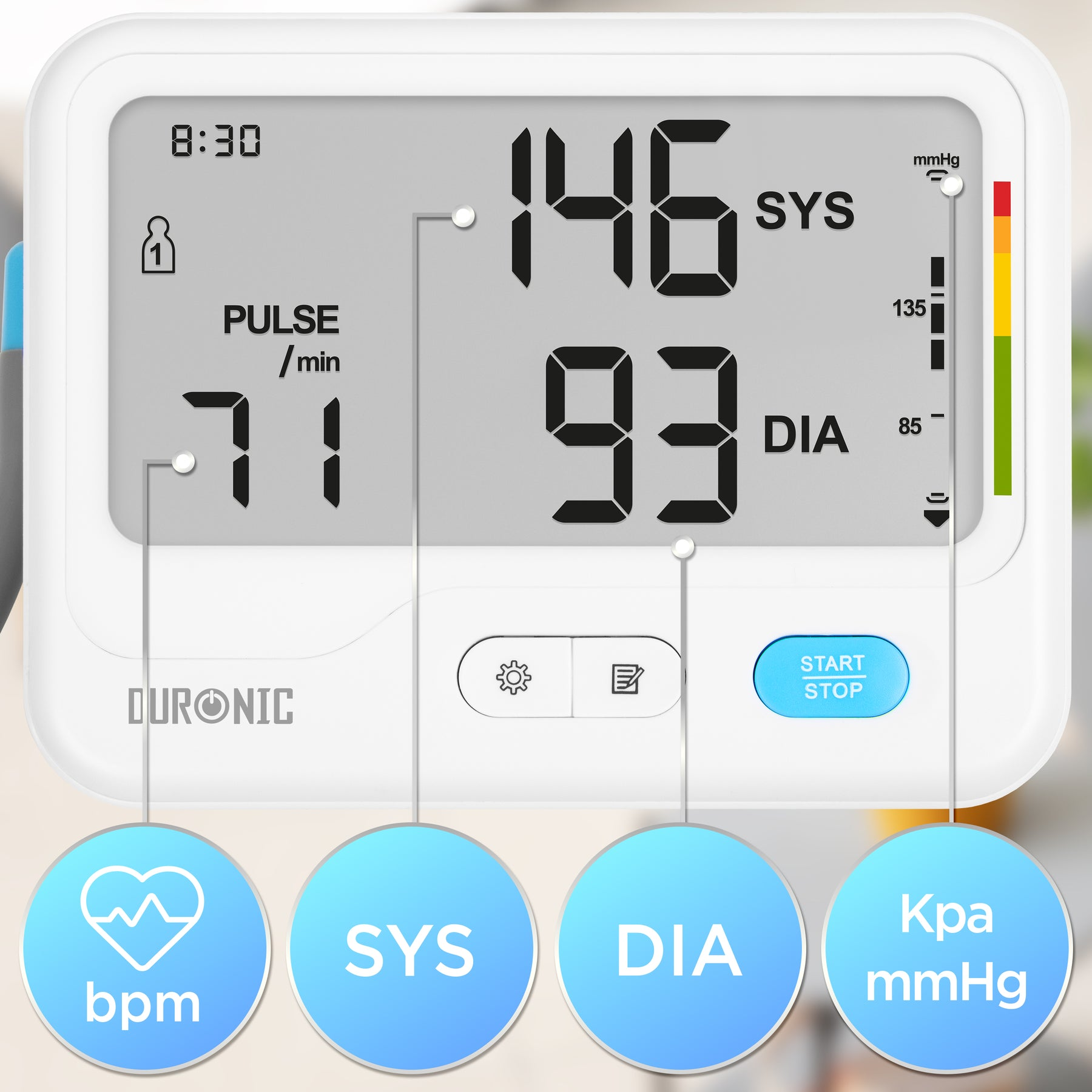 Blutdruckmessgerät mit Puls, systolischen und diastolischen Werten. Mit digitalem Display und Knöpfen.