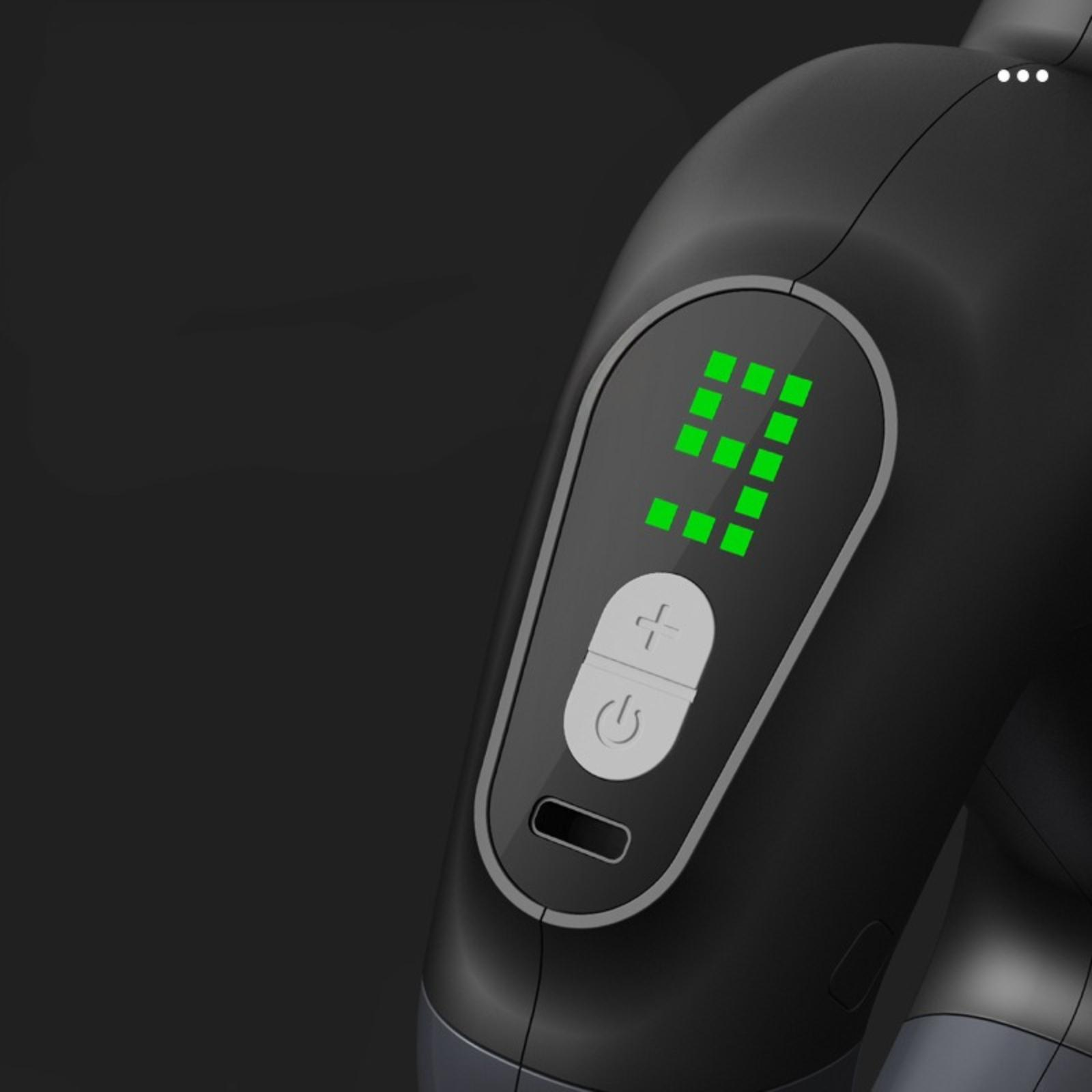 Nahaufnahme des Bedienfelds einer schwarzen Massagepistole mit digitaler Anzeige und Tasten.