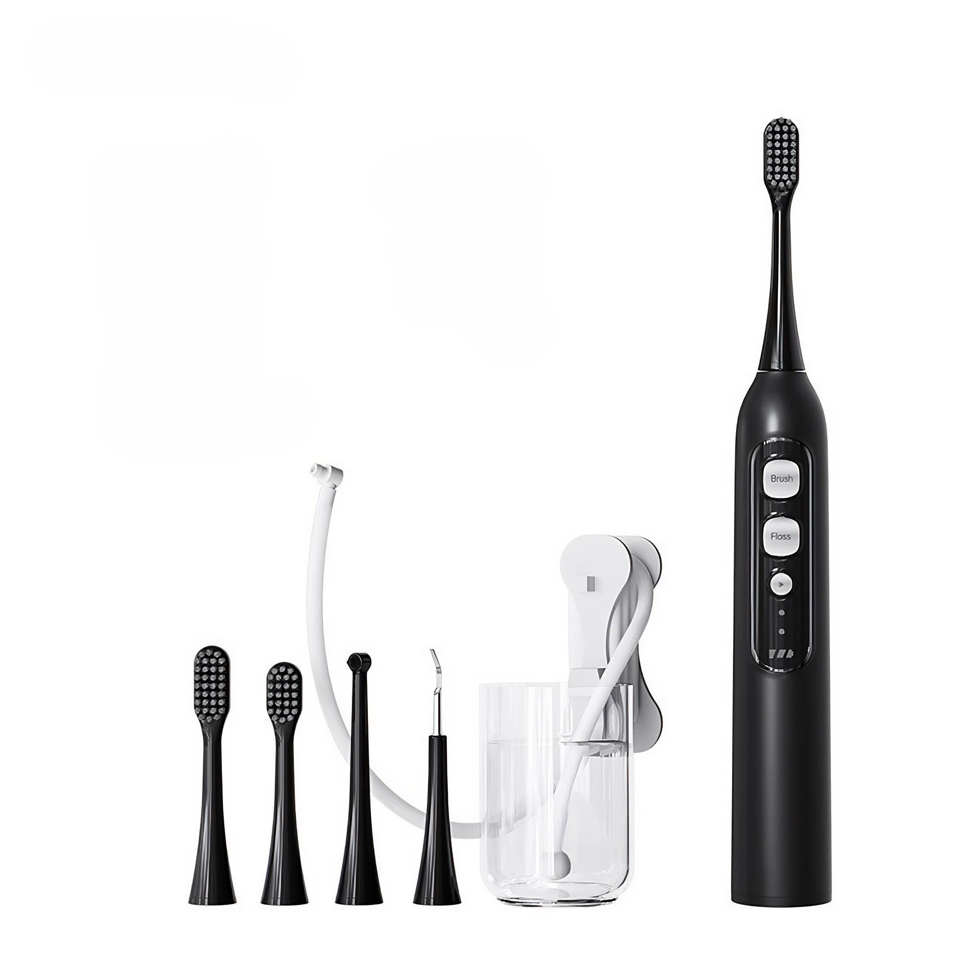 Schwarzes Zahnbürstenset mit mehreren Bürstenköpfen, einer Munddusche und einer Ladestation, alles auf weißem Grund.