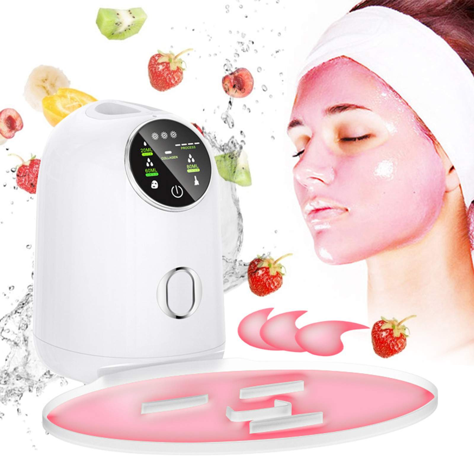 Eine Frau mit Gesichtsmaske und umliegenden Früchten neben einem weißen Schönheitsgerät mit digitaler Anzeige.